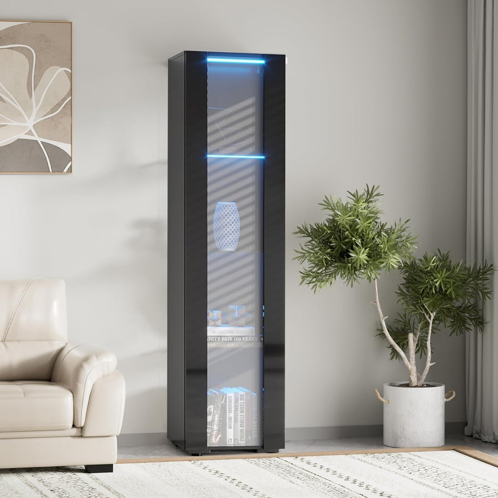 67' LED Display Cabinet with 4 Glass Shelves & 1 Door, Modern Curio Cabinet Collection Display Case Storage Cabinet, High Gloss Floor Standing Bookshelf for Living Room Bedroom Office (Black)