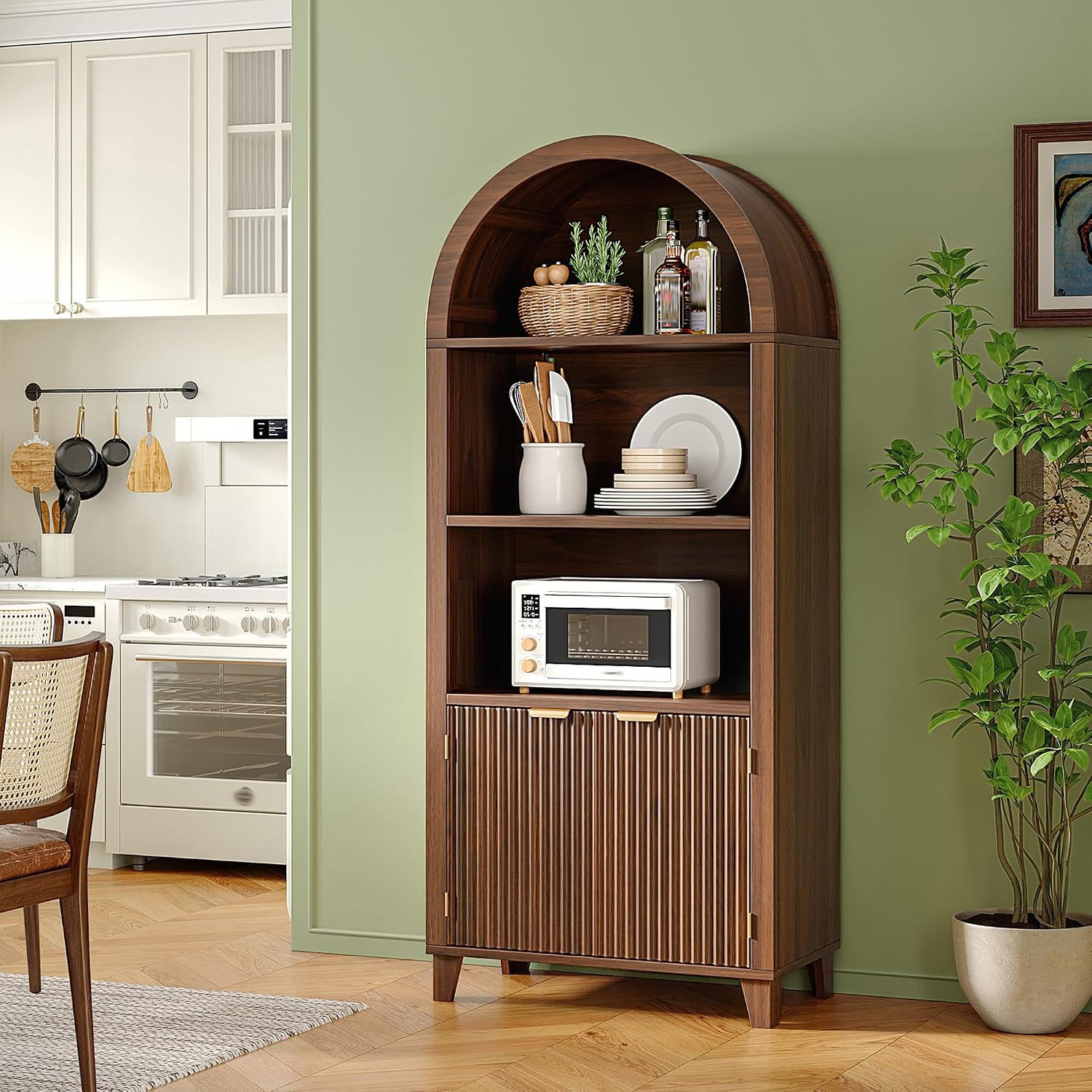 DurayLoly Book Shelf Arched Cabinet, 5-Tier Arched Bookcase with Doors and Adjustable Wood Shelves, Wooden Storage Cabinet with Open Display Shelf for Office,Living Room, Kitchen，Walnut