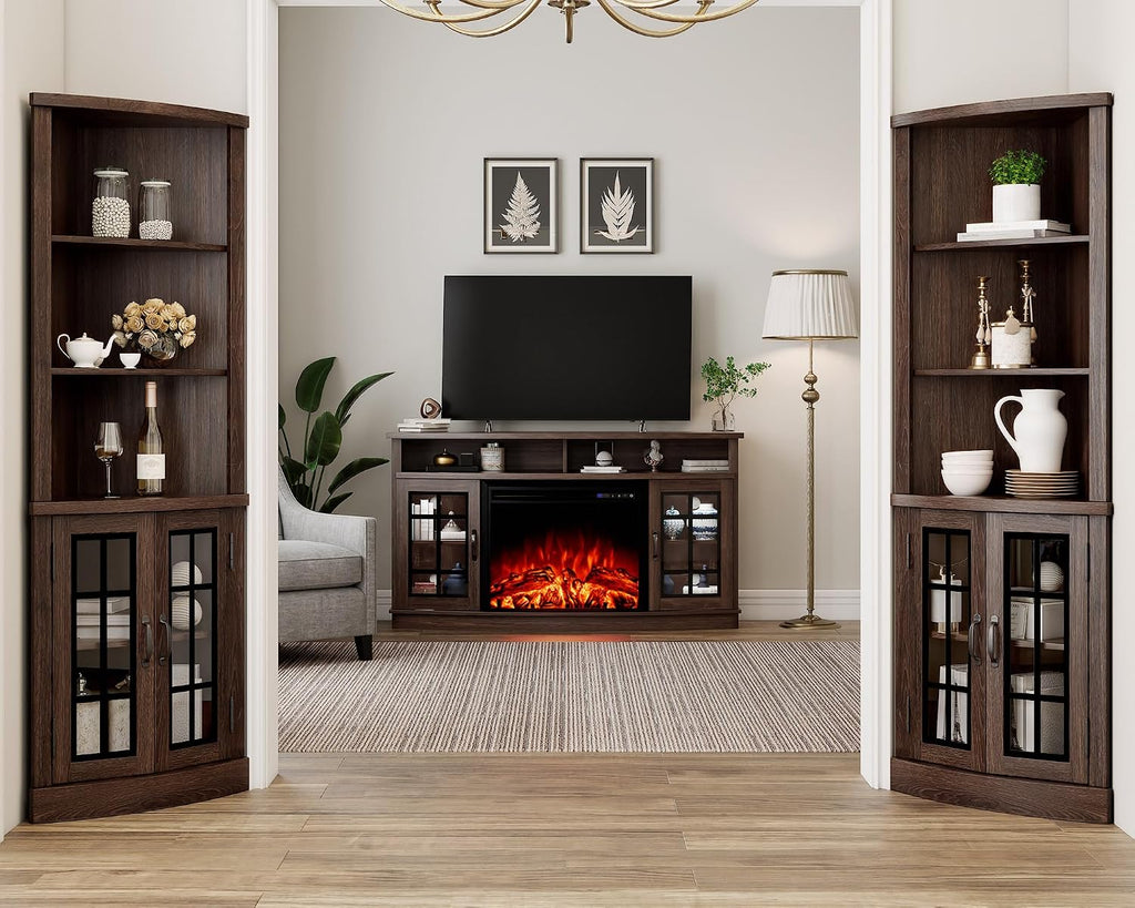 AMERLIFE Curved Corner Storage Cabinet, 65' Tall Freestanding Bookcase with Glass Doors & Adjustable Shelves, 5-Tier Corner Display Cabinet for Living Room, Bathroom, Laundry Room, Espresso