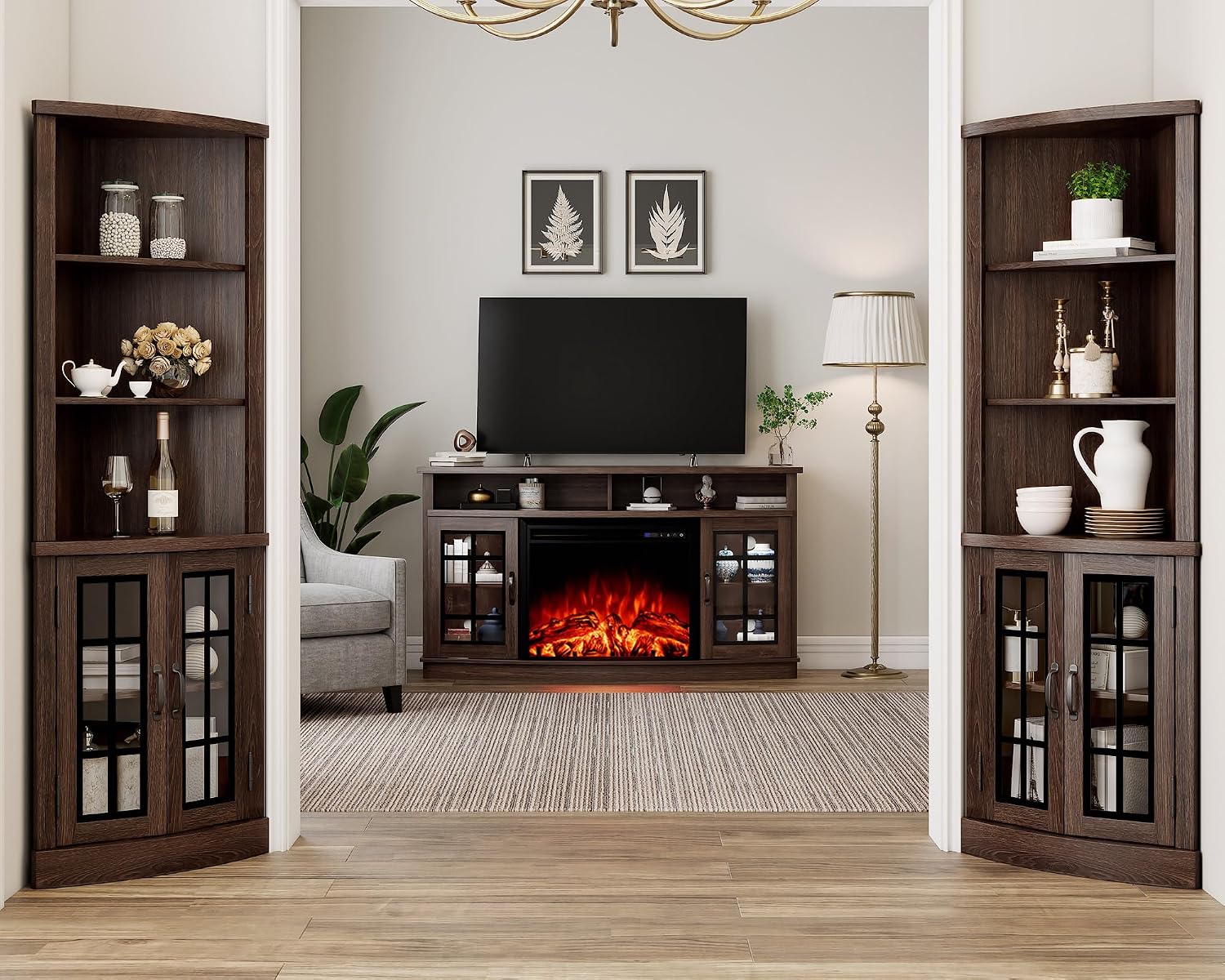 AMERLIFE Curved Corner Storage Cabinet, 65' Tall Freestanding Bookcase with Glass Doors & Adjustable Shelves, 5-Tier Corner Display Cabinet for Living Room, Bathroom, Laundry Room, Espresso