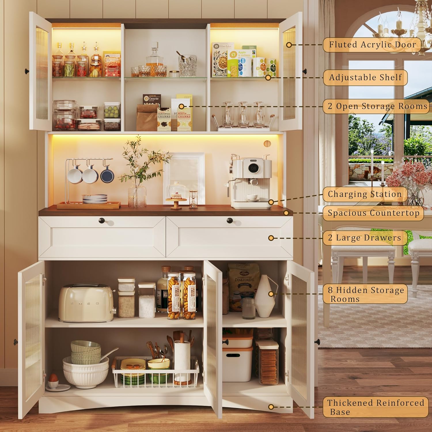HUAHUU 71' Pantry Cabinet with Charging Station and LED Light, Modern Kitchen Pantry Cabinet with Microwave Stand, Tall Kitchen Hutch Food Pantry with Drawers & Shelves for Dining Room, White