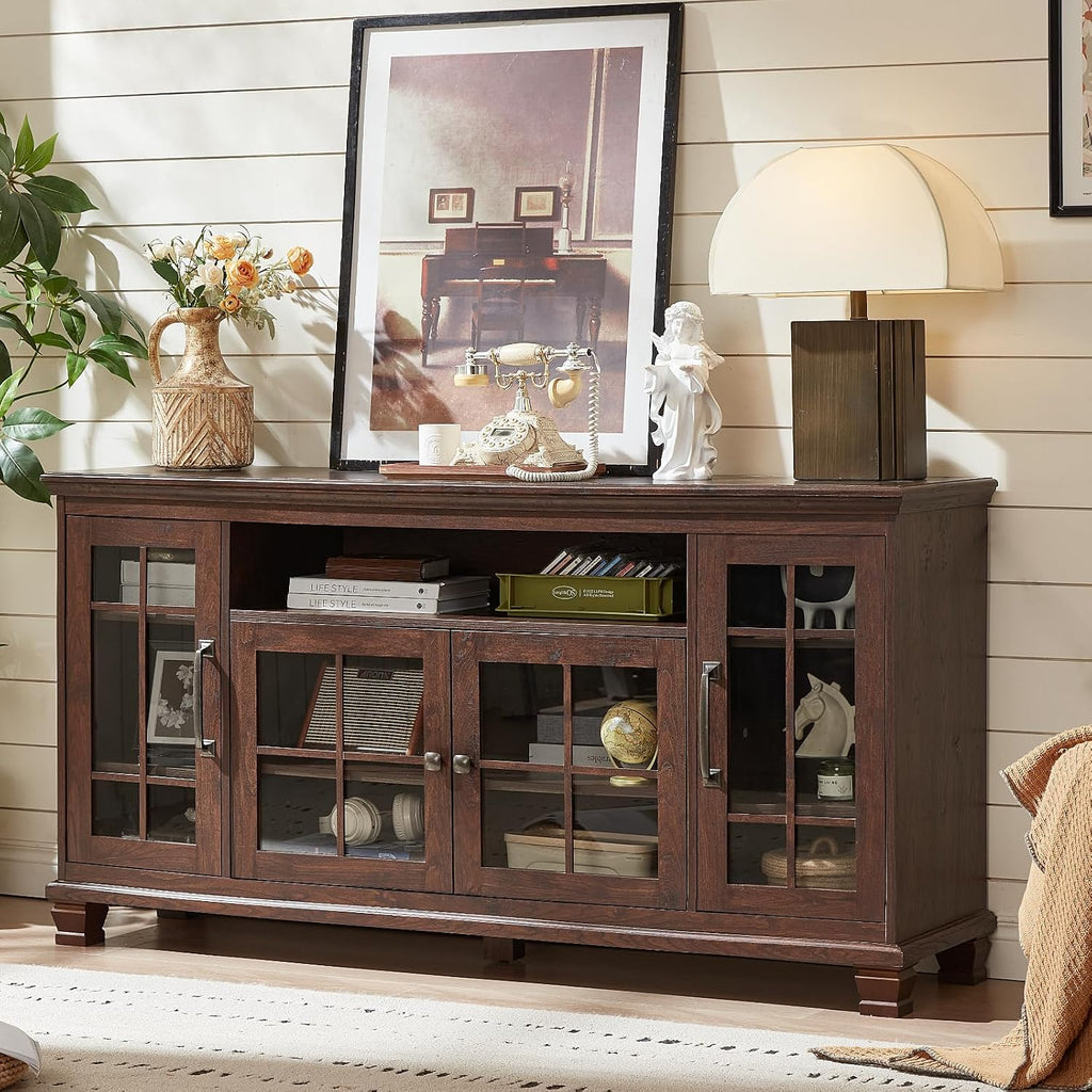 SAVOR LIFE Large Sideboard Buffet Cabinet with Storage, Vintage Walnut Farmhouse 60' Wide Credenza Accent Cabinets with Glass Doors & Wood Legs, Kitchen Coffee Bar Table for Dining Room, Living Room