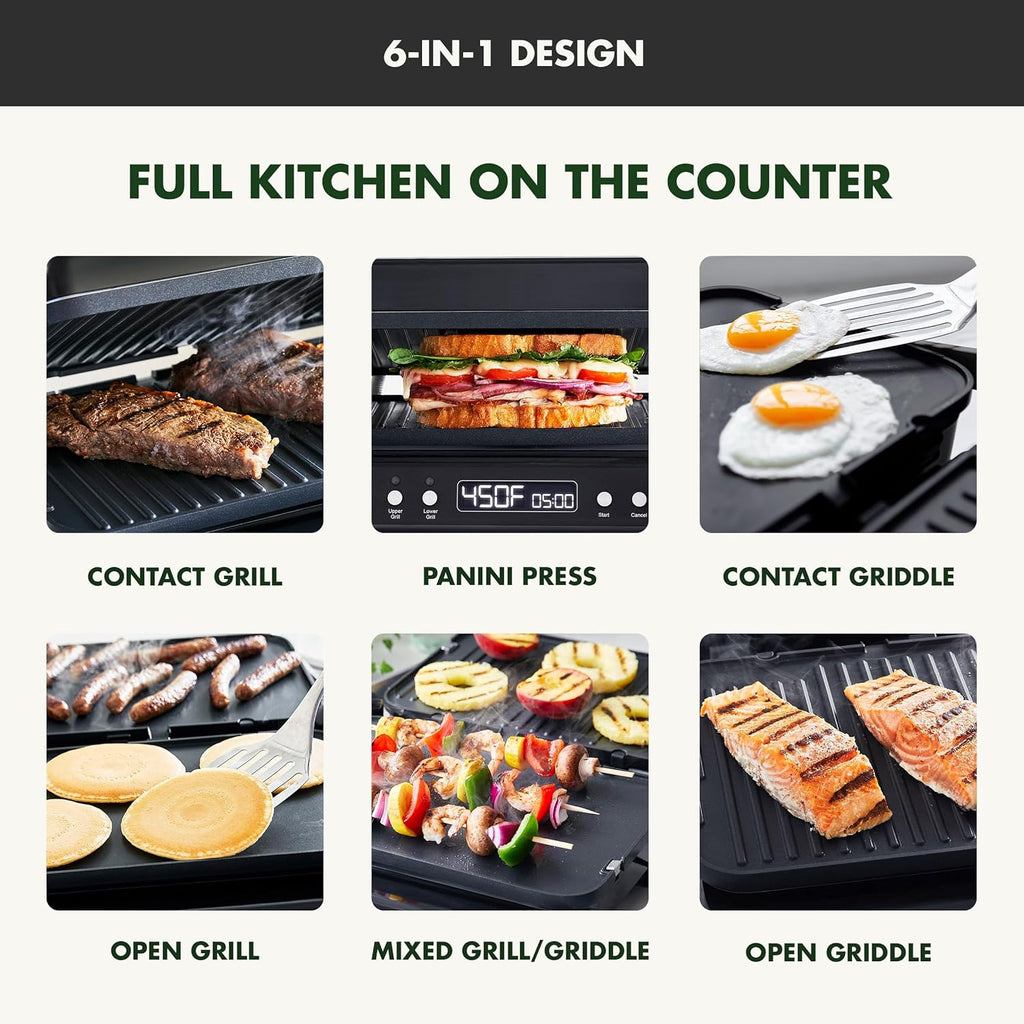 GreenPan 6-in-1 Multifunction Removable Plate Indoor Grill & Electric Griddle, Diamond Infused PFAS Free Ceramic Nonstick Reversible Plates, Opens Flat, Adjustable Temp, Panini Press, Black