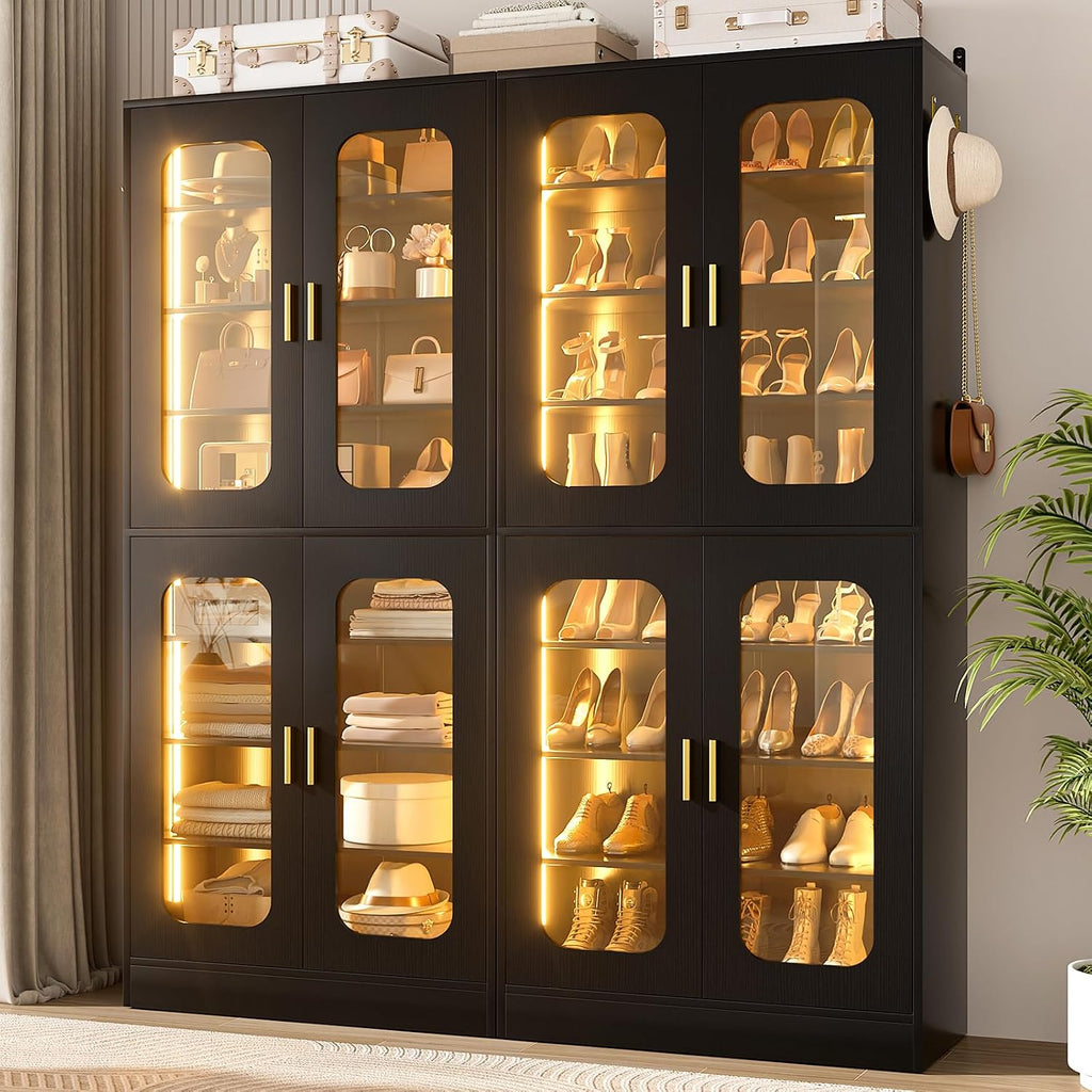 Cyclysio 67' Display Cabinet with PC Doors & LED Lighting - 8-Tier Storage Cabinet with 330lb Capacity & Adjustable Shelves for Entryway, Bedroom (Black, Set of 2)