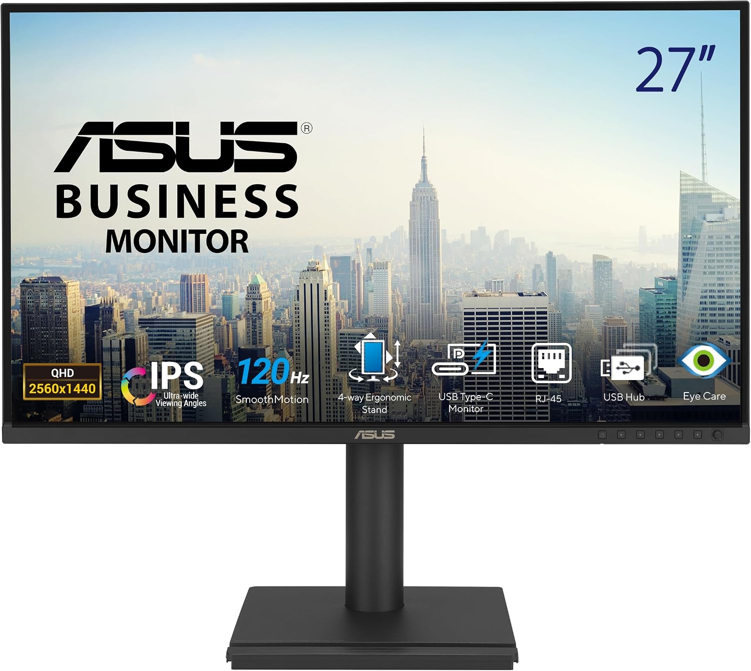 ASUS 27' 1440P USB-C RJ45 Docking Monitor (BE27ACGN) – QHD (2560x1440), IPS, 120Hz, Frameless, Speakers, Height Adjustable, DisplayPort Daisy-Chain, Power Sync, Eye Care, 3 yr Warranty