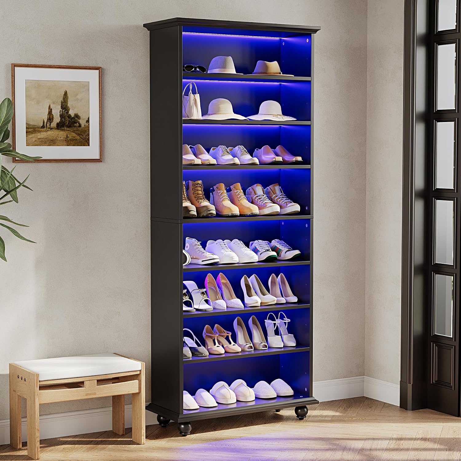 LITTLE TREE 69-Inch Tall Shoe Cabinet with LED Light Strip & Adjustable Shelves, Black Wooden 8-Tier Shoes Display Cabinet for 26 Pairs, Freestanding Modern Shoe Cabinet for Entryway