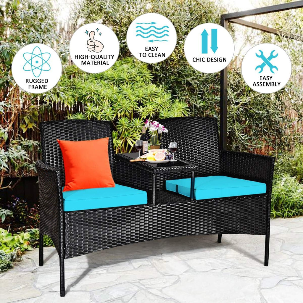 Tangkula Wicker Patio Conversation Furniture Set, Outdoor Furniture Set with Removable Cushions & Table, Tempered Glass Top, Modern Rattan Bench for Garden Lawn Backyard