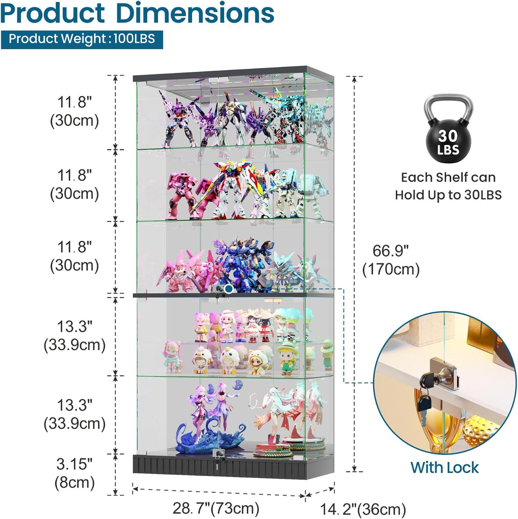 HNEBC 5 Tier Glass Display Cabinet, 66.9' Curio Cabinet with RBG Lights, Display Cases with Lockable and Human Body Sensor, Bookcases for Collectibles, Figurines, Books, Toys, Black