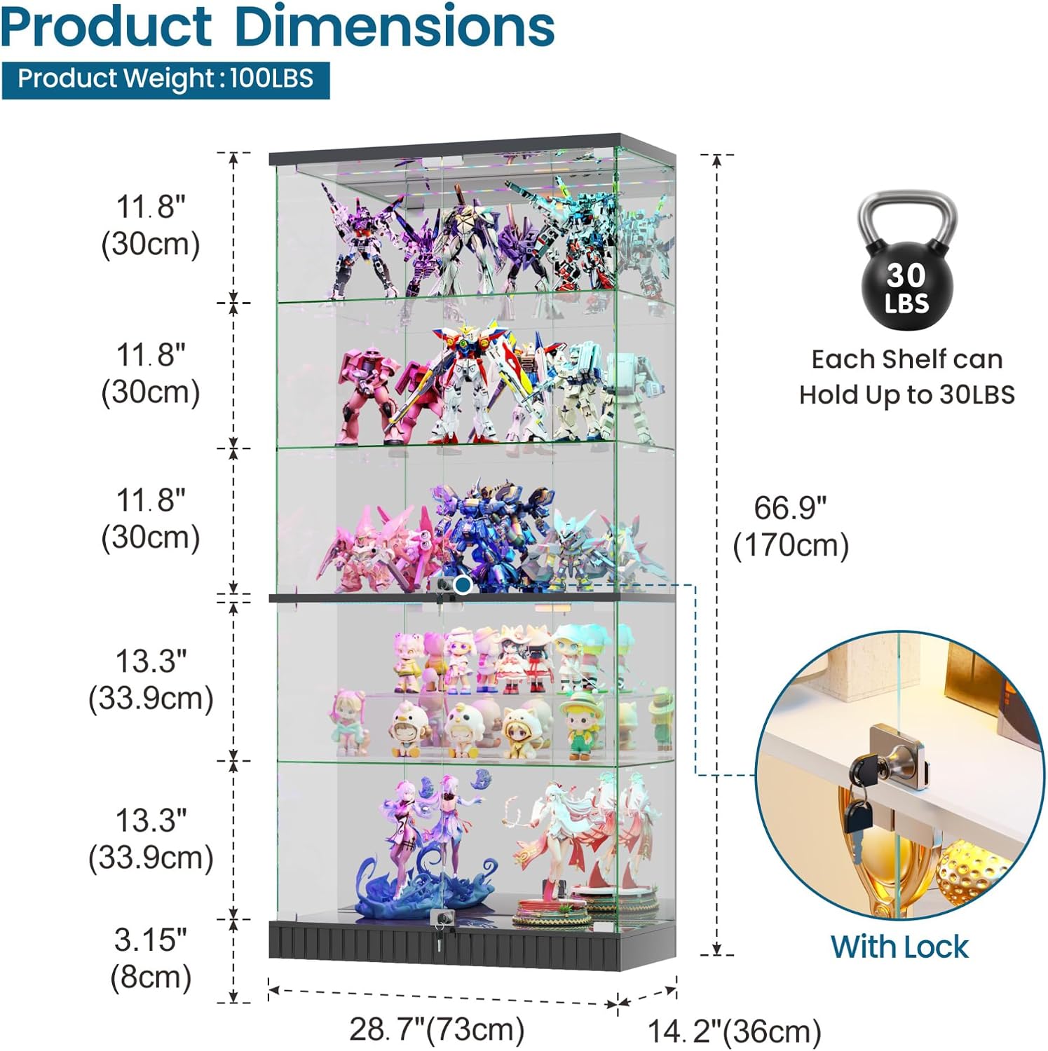 HNEBC 5 Tier Glass Display Cabinet, 66.9' Curio Cabinet with RBG Lights, Display Cases with Lockable and Human Body Sensor, Bookcases for Collectibles, Figurines, Books, Toys, Black