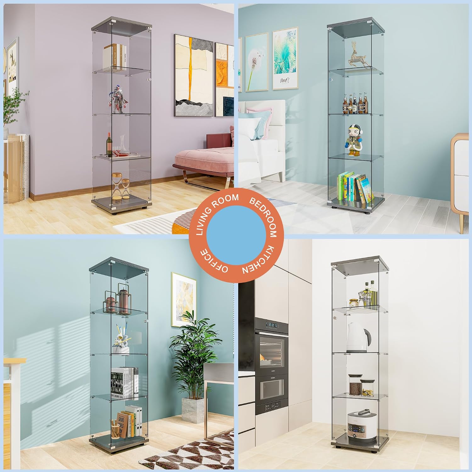 FANYUSHOW Tempered Glass Display Cabinet 4-Shelf Curio Cabinet with Security Lock 5mm Display Shelf Showcase for Living Room/Bedroom/Office- Black 64.7' H x 16.7' L x 14.37' W