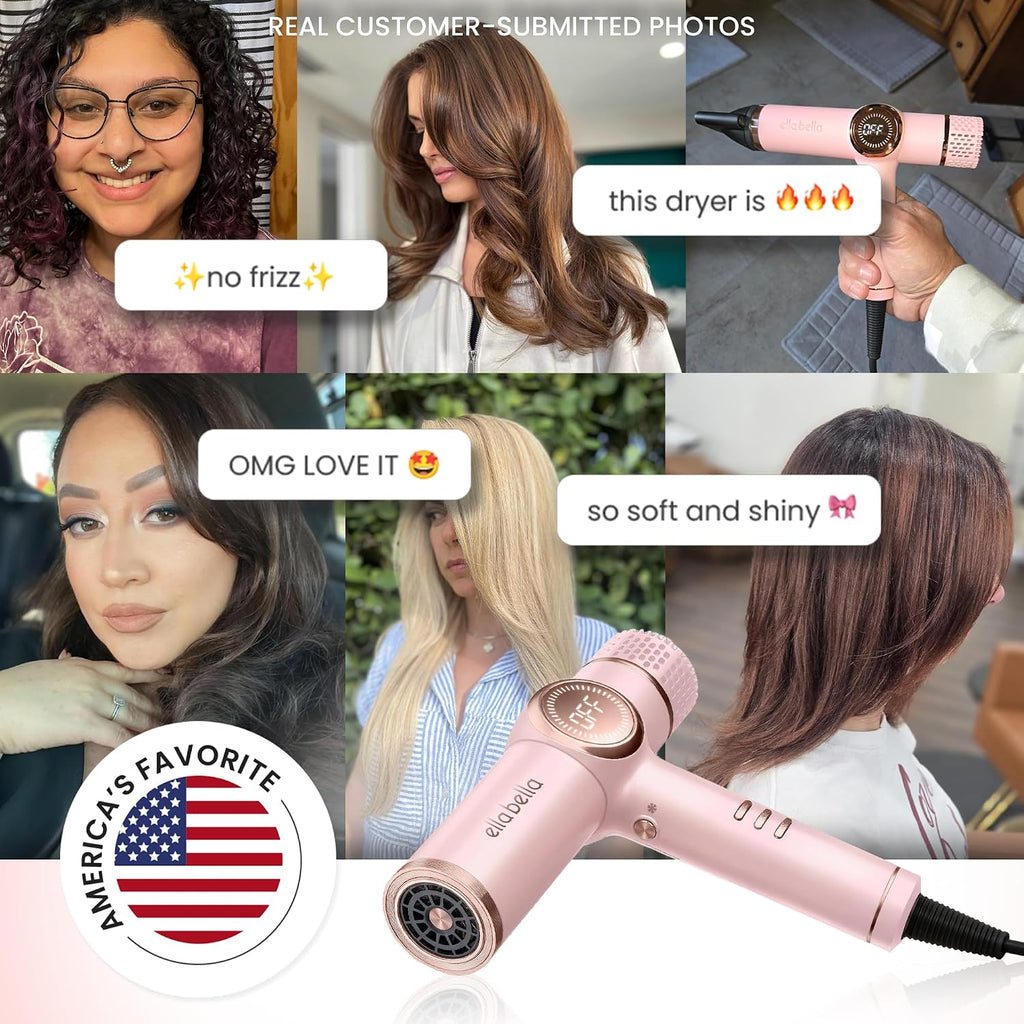 ELLA BELLA® Professional Ionic Hair Dryer with Diffuser • Negative Ion Blow Dryer • Suitable All Hair Types • Intelligent Heat Control & Rapid Drying Speeds • Lightweight Design • Low Noise Technology