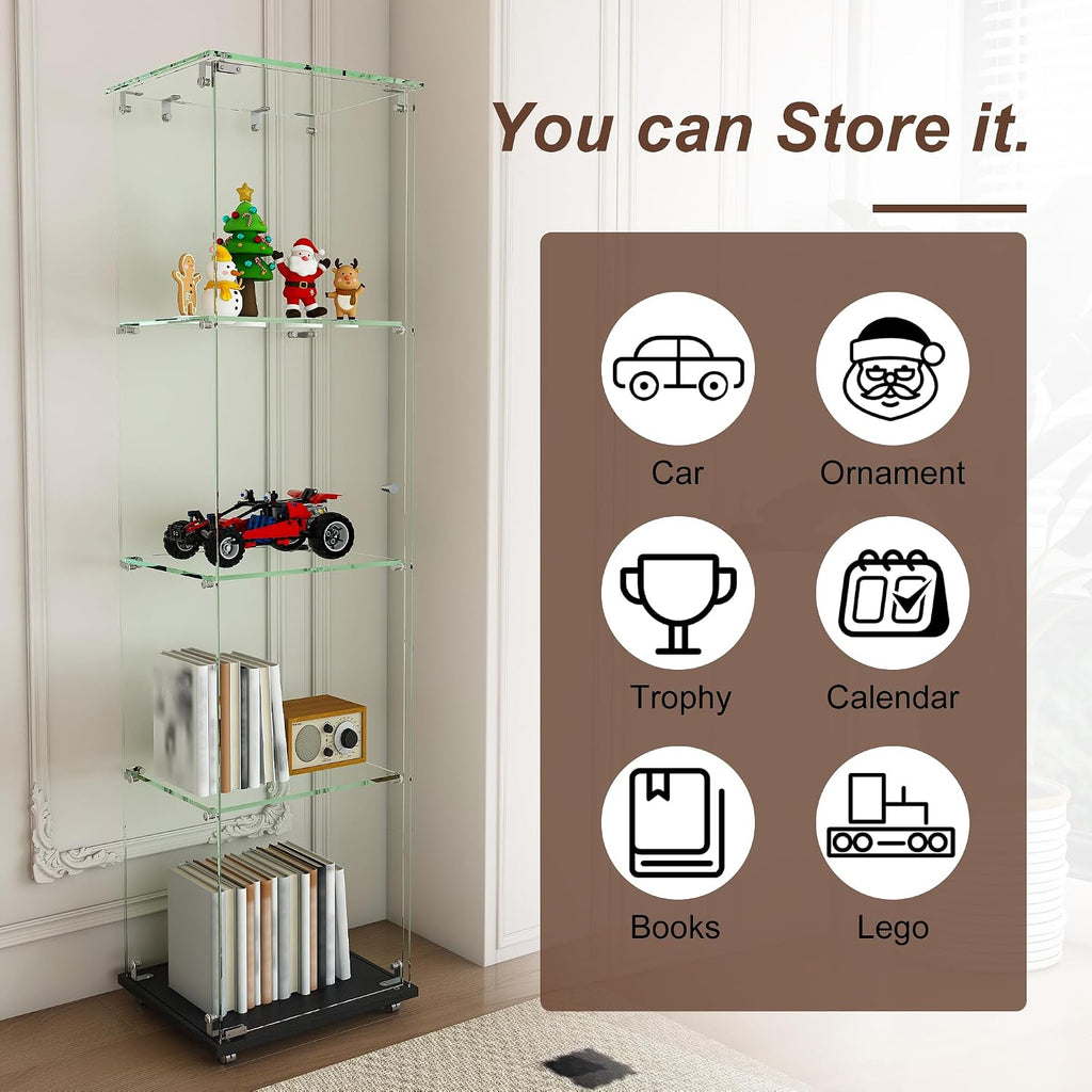 Runboll Glass Display Cabinet 4 Tiers with LED Light, Curio Cabinet with Wheels, Floor Standing Tempered Glass Showcase Display Shelf for Collectibles, Legos, Figures, Plants