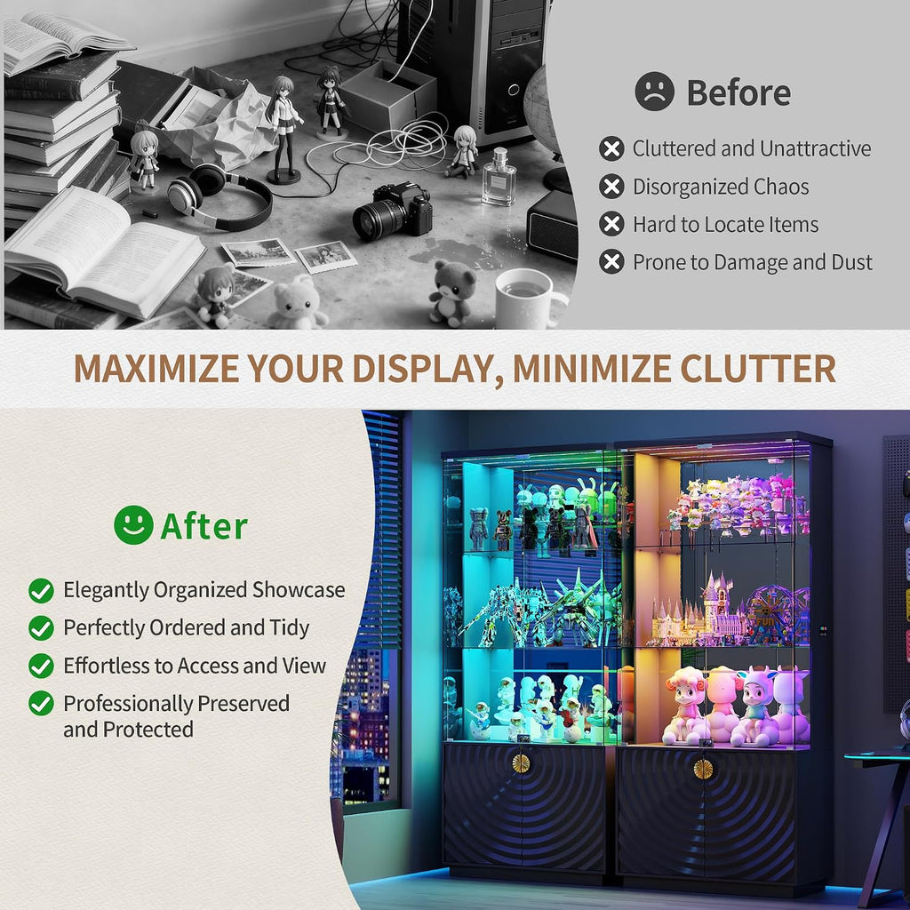 Lvifur 71'' Display Cabinet with Glass Doors,4-Tier Curio Cabinet with 3-Color Lights for Collectibles,Lockable Glass Display Case with Human Body Sensor,Tall Bookcase w/Shelves&Drawers,Black