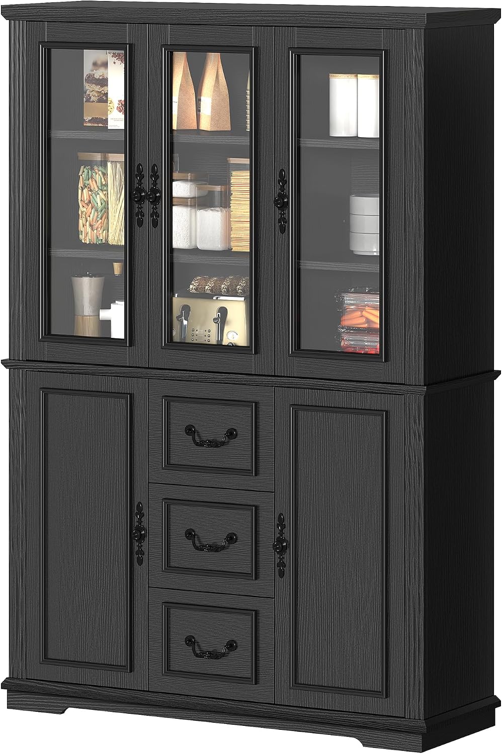 DWVO Large Storage Cabinet, 72' Tall Kitchen Pantry with Glass Doors, Freestanding Glass Display Cabinets with Adjustable Shelves & Drawers, Food China Hutch for Dining Room, Living Room, Black