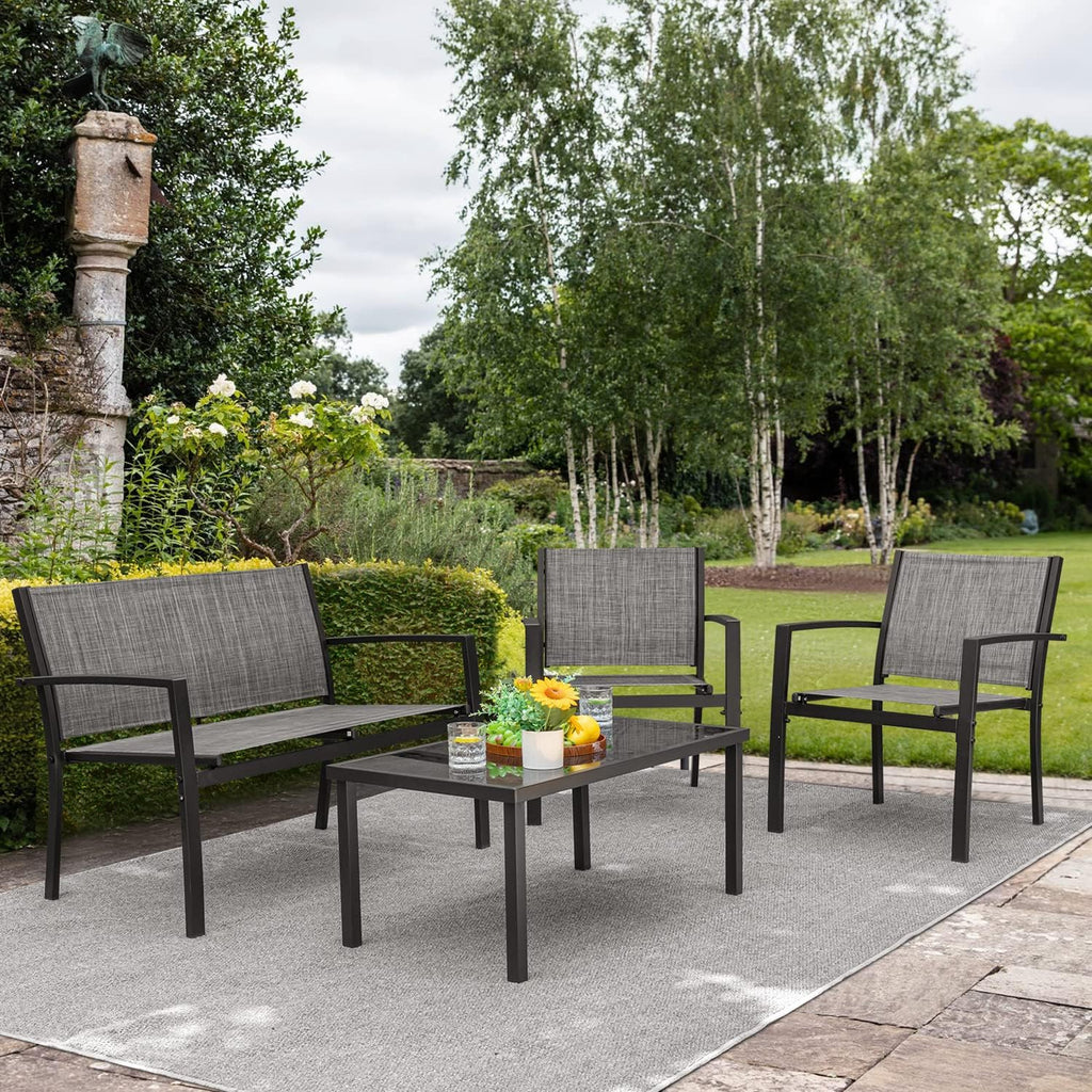 Devoko 4 Pieces Patio Furniture Set Outdoor Garden Patio Conversation Sets Poolside Lawn Chairs with Glass Coffee Table Porch Furniture (Grey)