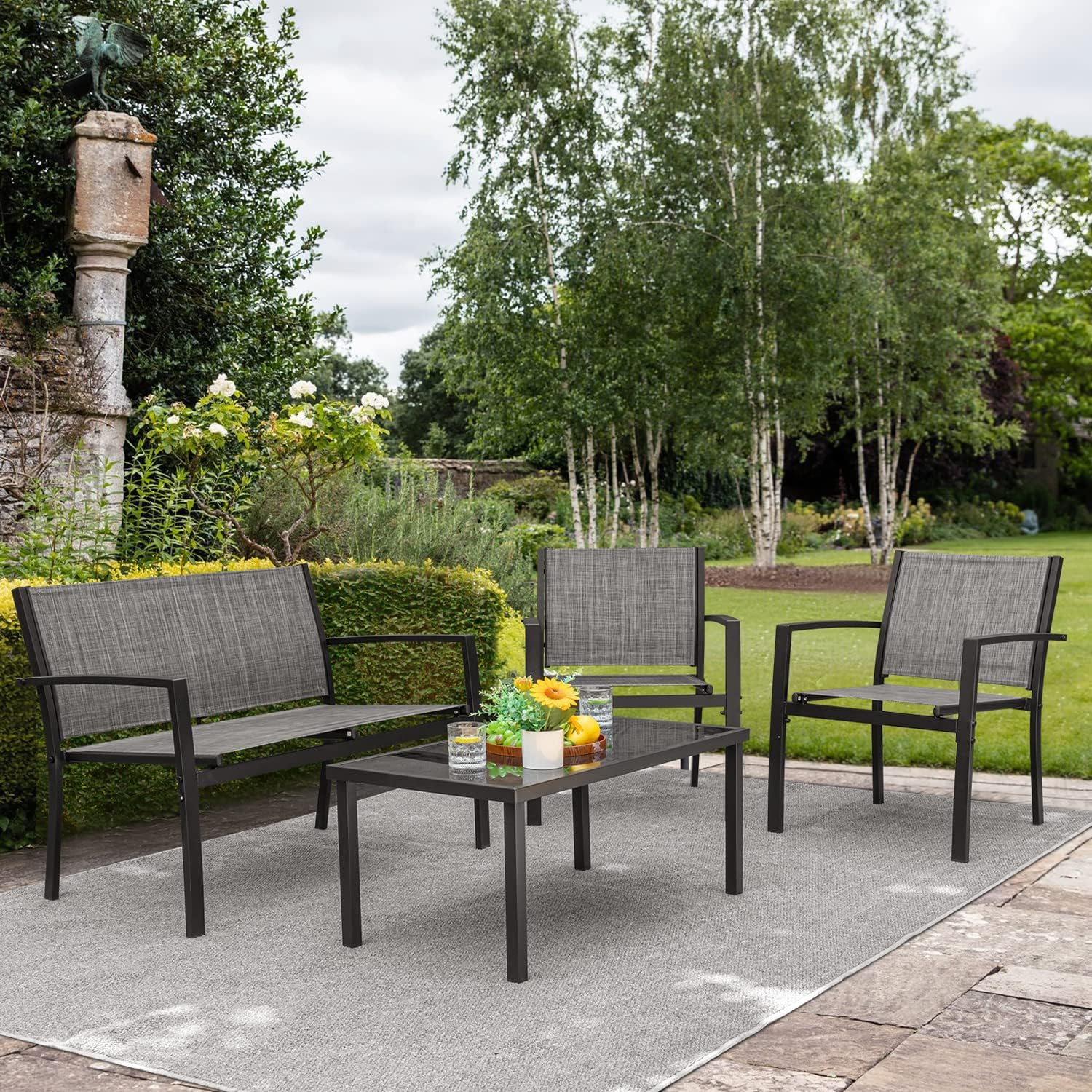 Devoko 4 Pieces Patio Furniture Set Outdoor Garden Patio Conversation Sets Poolside Lawn Chairs with Glass Coffee Table Porch Furniture (Grey)