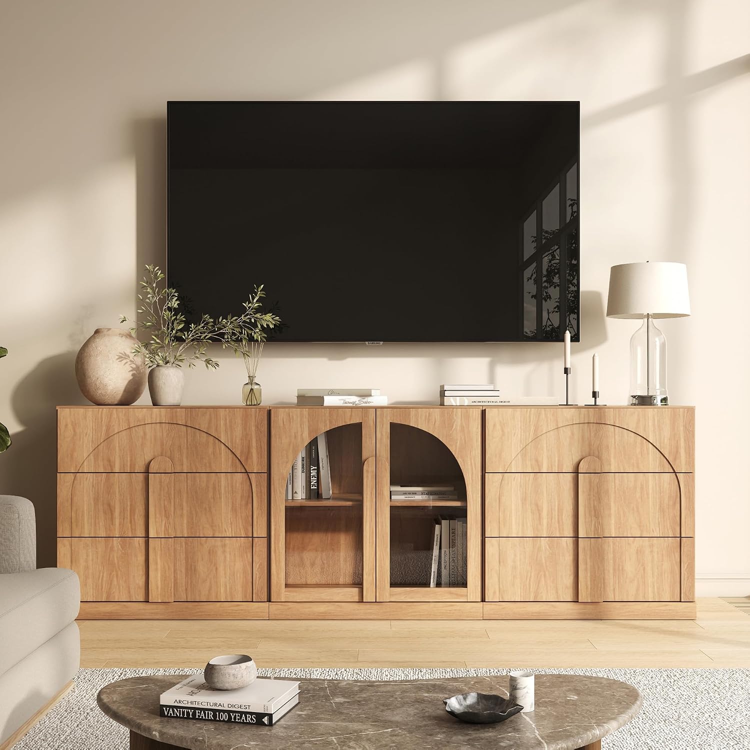 BELLEZE 3-Piece Sideboard Cabinet Set Freely Configurable, Modern Wood Modular Cabinet Contain 2 3-Drawer Storage and Display Glass Door, Accen Storage Console for Dining Room Living Room, Camel
