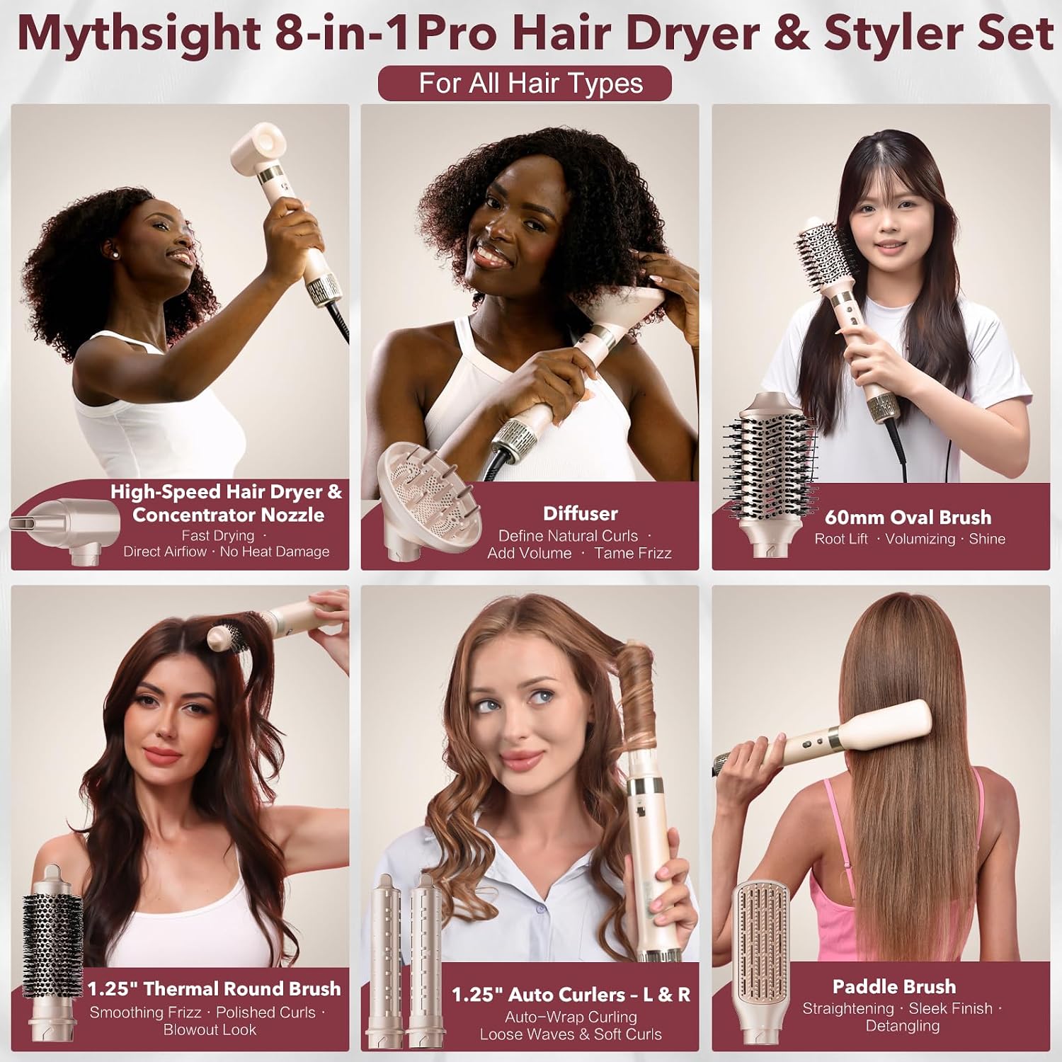 StyleVibe 8-in-1 Air Styler, Hair Dryer & Blow Dryer Brush with Travel Case - Auto Wrap Curls (L/R), Fast Drying, Thermal Round Brush for Smooth Blowouts & Frizz-Free Volume, No Heat Damage