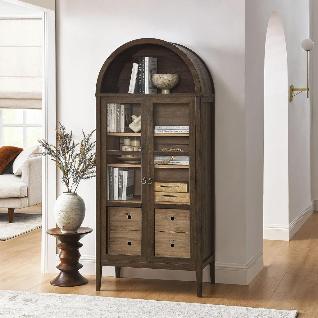 Modway Nolan Modern Farmhouse 71 Inch Tall Arched Storage Display Cabinet in Walnut Hickory Wood Grain - 4-Tier Bookcase with Glass Doors and Shelves - Arch Accent Cabinet for Living Room