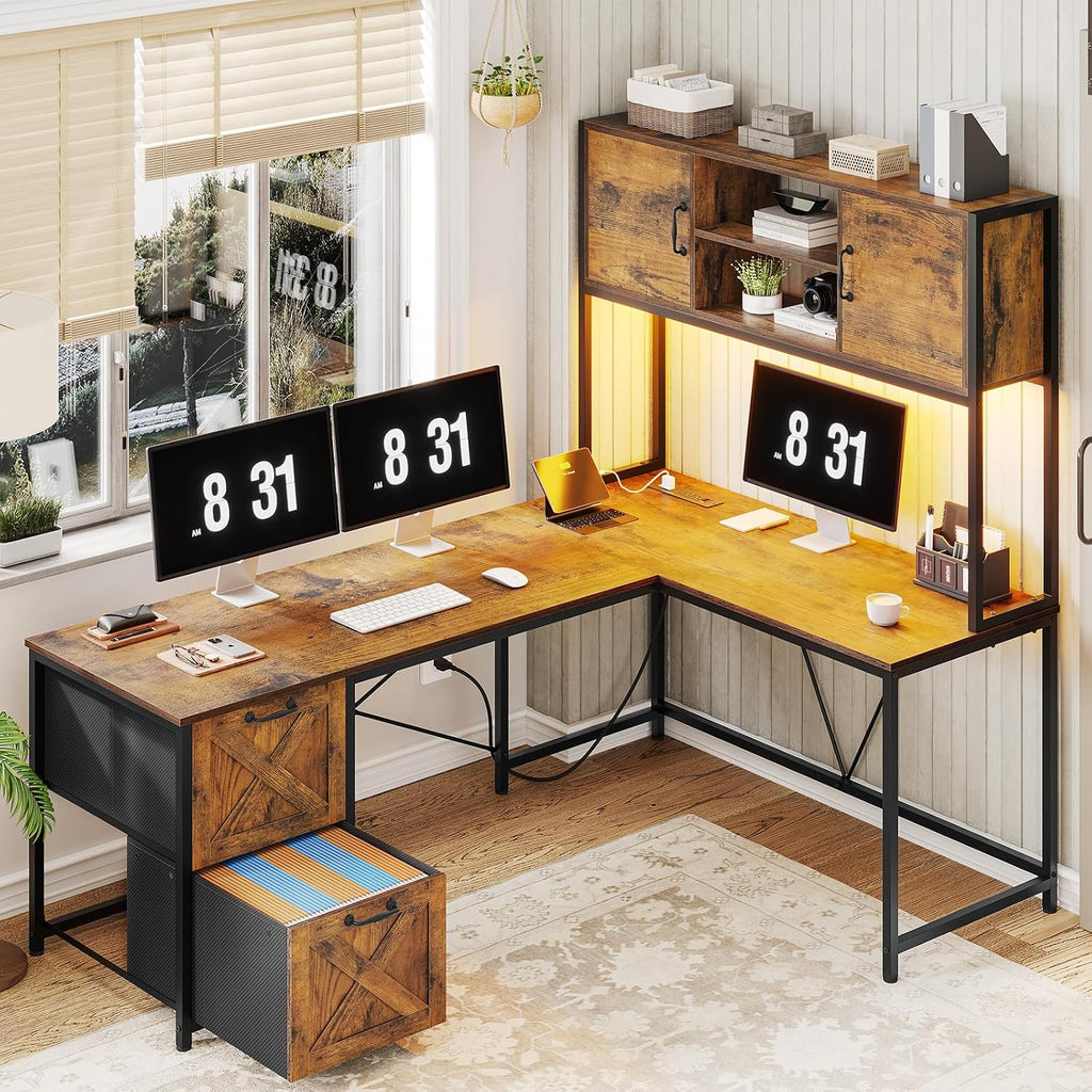 SEDETA L Shaped Desk with Drawers, 62.2' Home Office Desk with Fabric File Drawers and Power Outlet, L Shaped Desk with Hutch, Storage Shelves, LED Lights, Rustic Brown