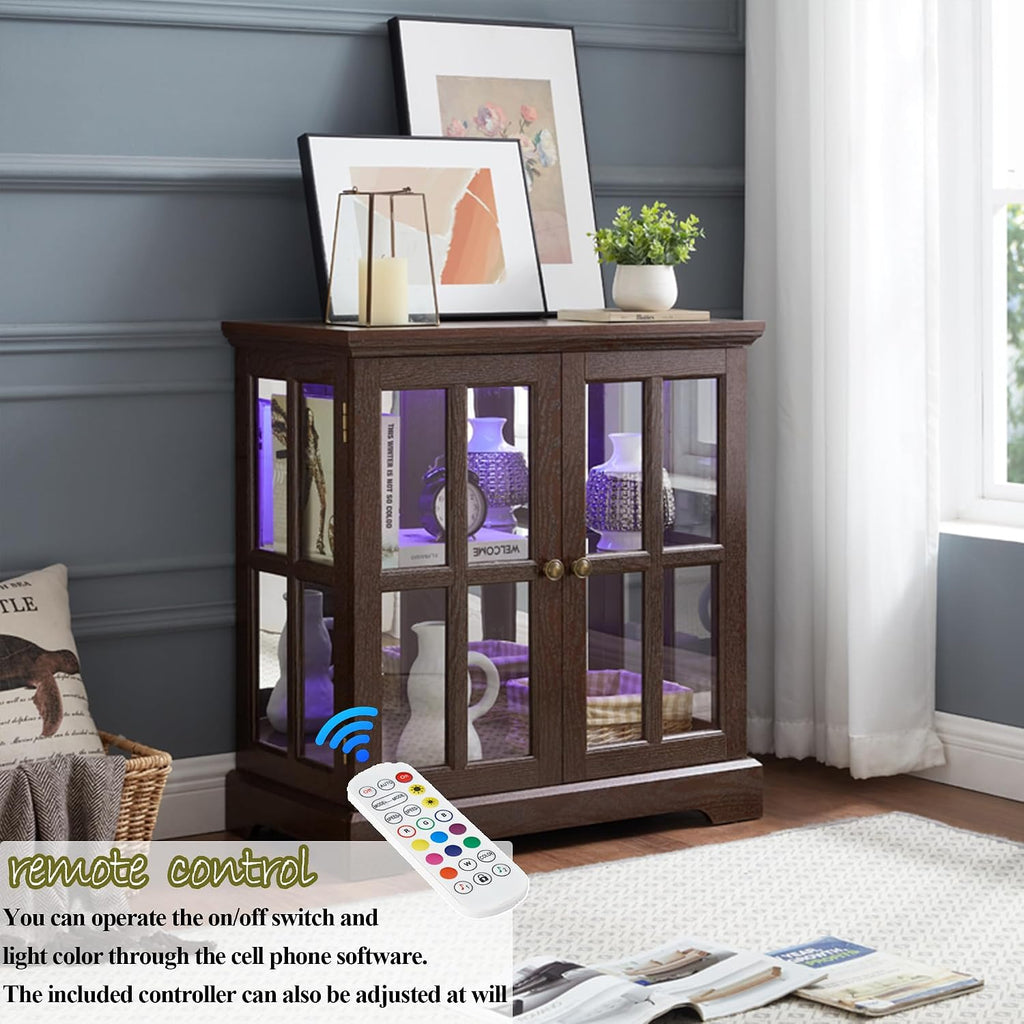 30' Glass Curio Display Storage Cabinet with LED Light, Modern 2 Lattice Doors Tableware Display Sideboard w/Adjustable Shelves, Retro Design Quality Showcase Bookcase for Home (Cherry)