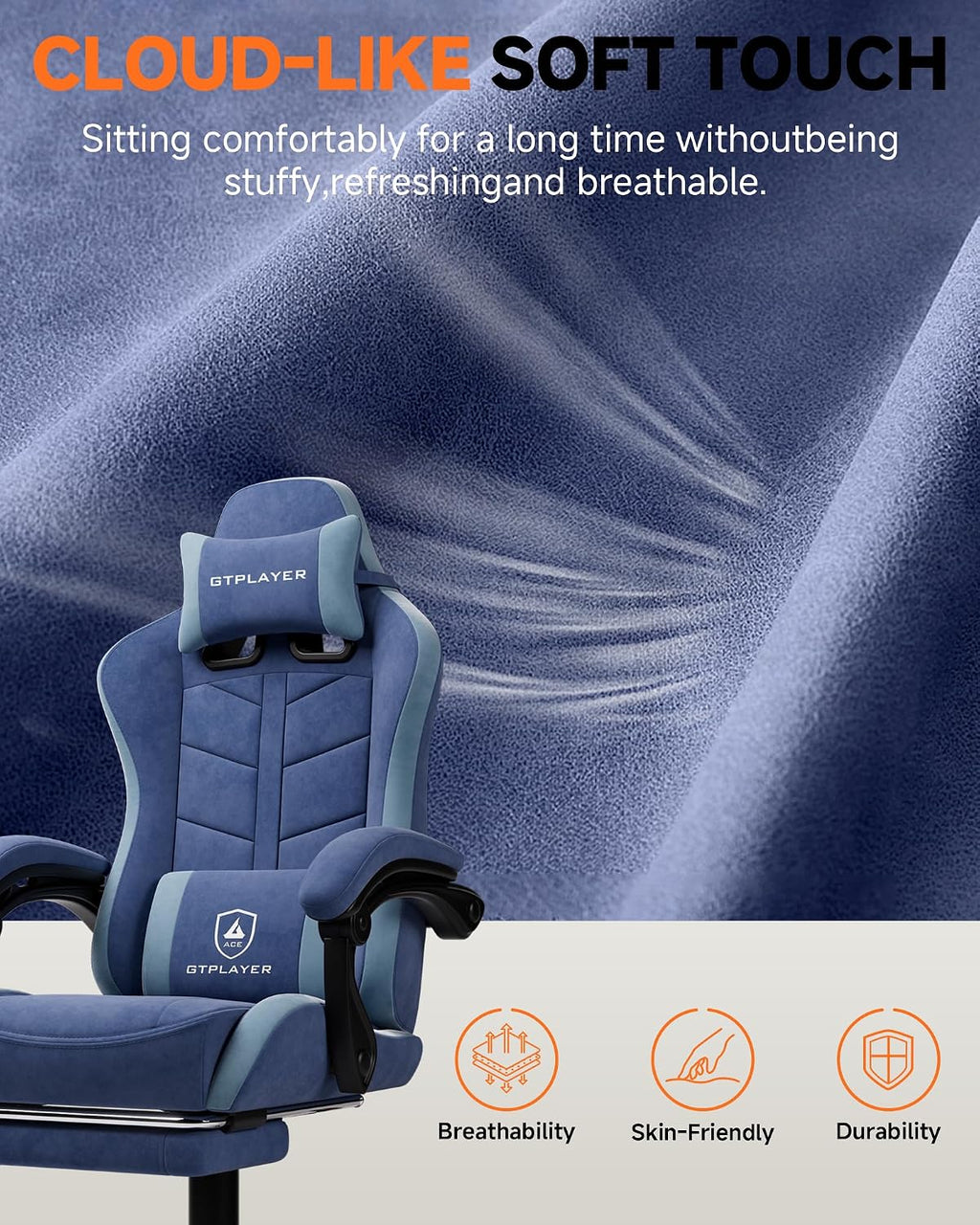 GTPLAYER Gaming Chair for Adults, Ergonomic Computer Gaming Chair with Footrest, Height Adjustable, 90-155° Recline & Removable Headrest Lumbar Support, Blue