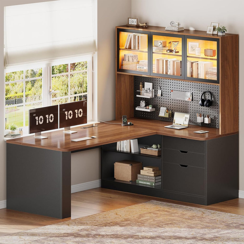 SEDETA L Shaped Office Desk, Computer Desk with 3 Wood Drawer and Large Bookshelf, L Shaped Corner Gaming Desk with LED Light, Display Cabinet and Pegboard, 27.5' W Large Desktop Table, Brown