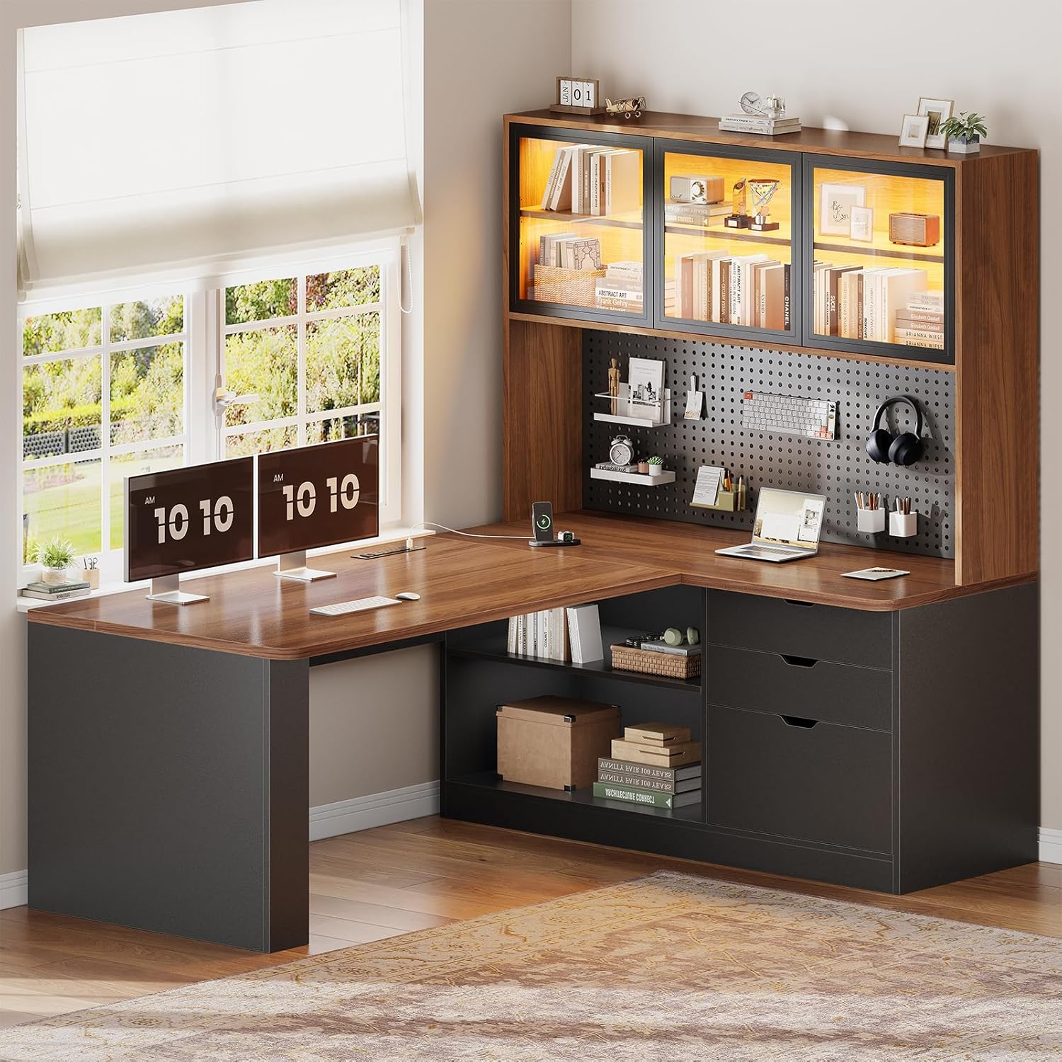 SEDETA L Shaped Office Desk, Computer Desk with 3 Wood Drawer and Large Bookshelf, L Shaped Corner Gaming Desk with LED Light, Display Cabinet and Pegboard, 27.5' W Large Desktop Table, Brown