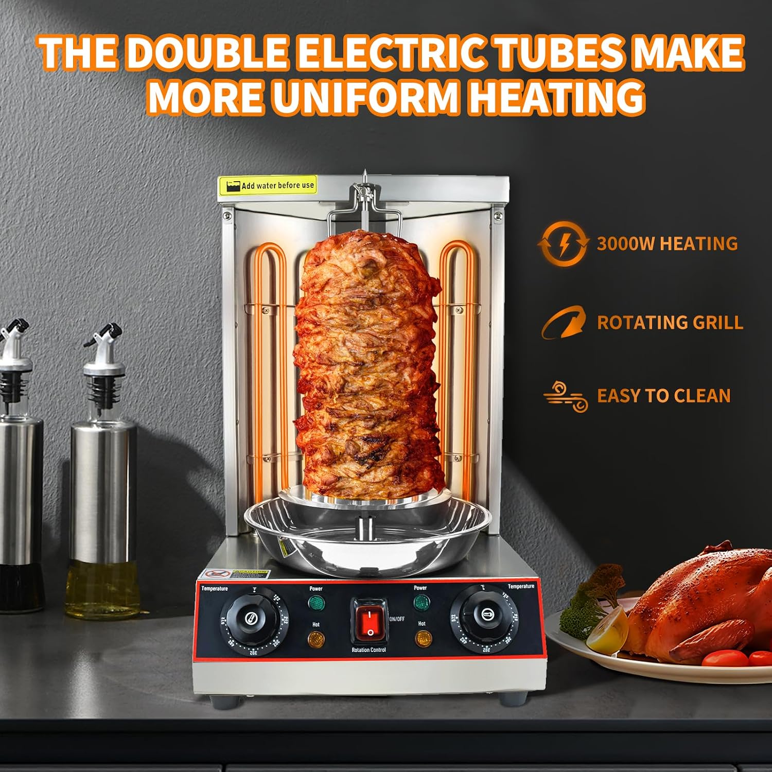 KOOTEN Shawarma Grill Machine Electric Vertical Kebab Gyro Grill Machine Rotisserie Broiler Machine with 2 Burners and Meat Catch Pan, 3000W
