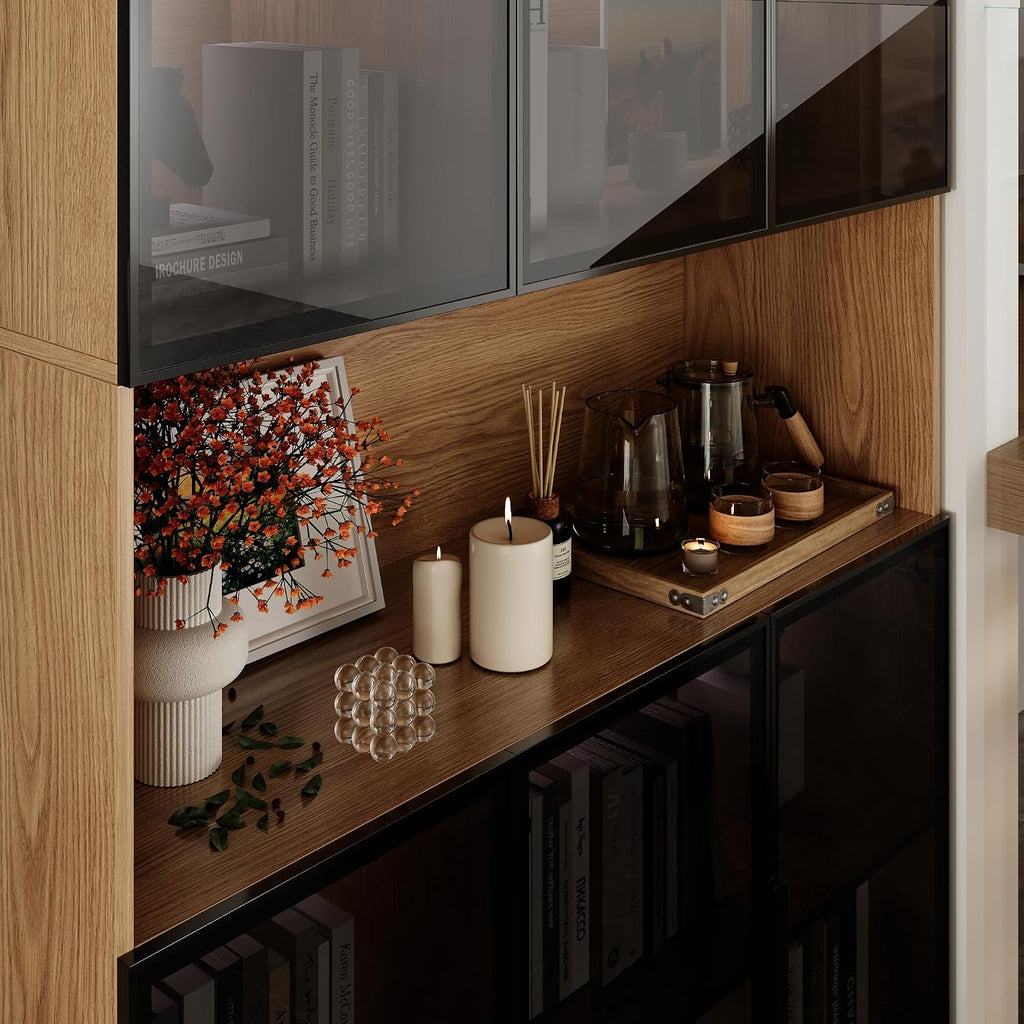 Mekminop Display Case Cabinet with Glass Doors and RGB Lights, Wooden Storage Cabinet with 5-Tier Shelves, Can be Used as Bookcases, Kitchen Pantry Cabinets, Walnut (47.2 'W x 16.5 'D x 78.7 'H)
