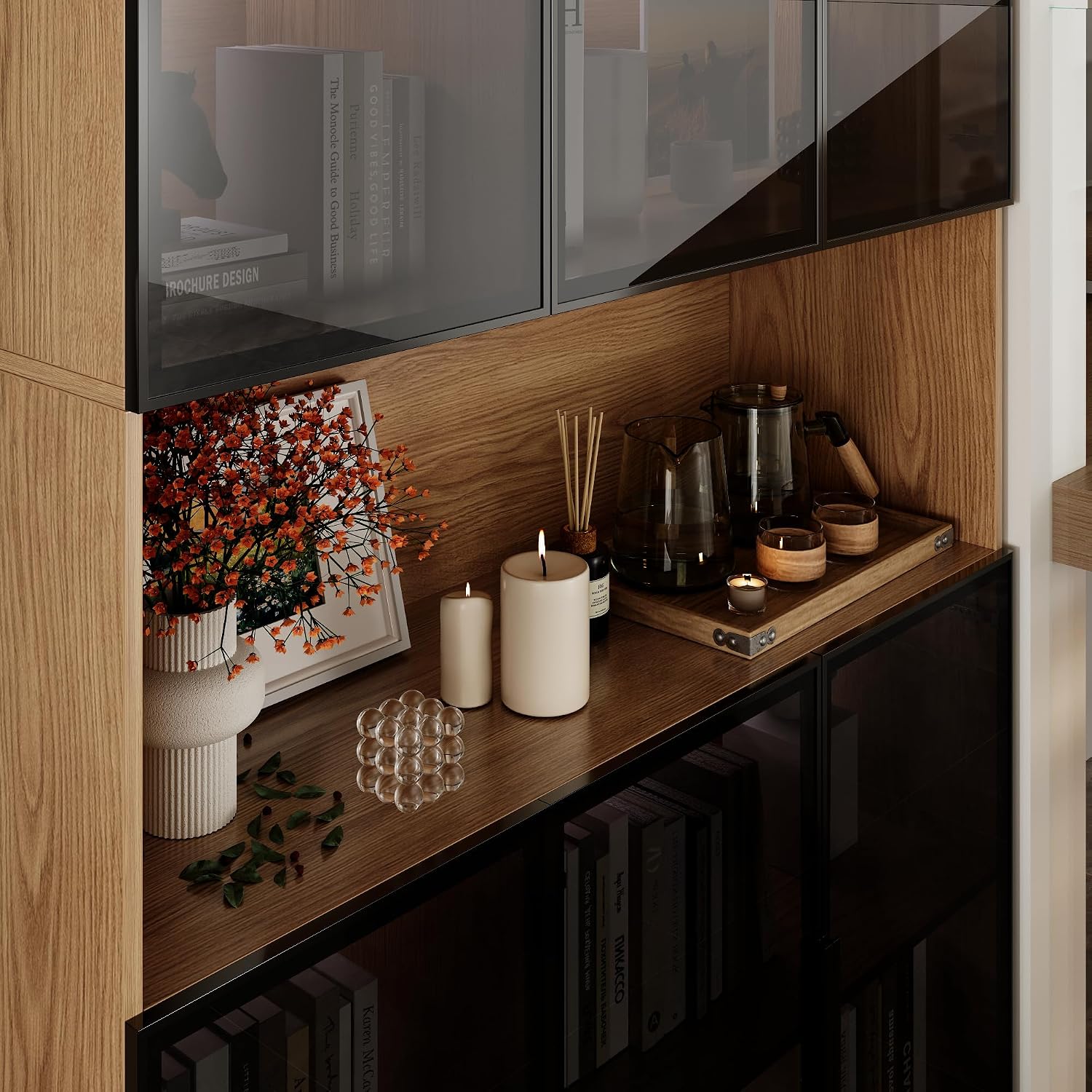 Mekminop Display Case Cabinet with Glass Doors and RGB Lights, Wooden Storage Cabinet with 5-Tier Shelves, Can be Used as Bookcases, Kitchen Pantry Cabinets, Walnut (47.2 'W x 16.5 'D x 78.7 'H)