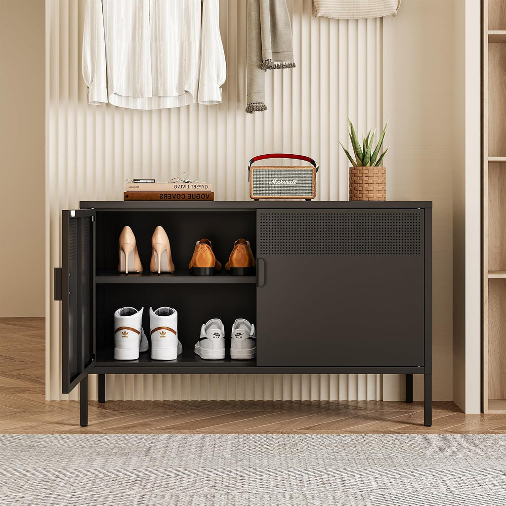 Chshin Metal Storage Cabinet with Doors,Black Accent Cabinet,Metal Locker Storage Cabinets,2 Door TV Media Stand with Removable Shelves for,Home,Office,Entryway,Living Room