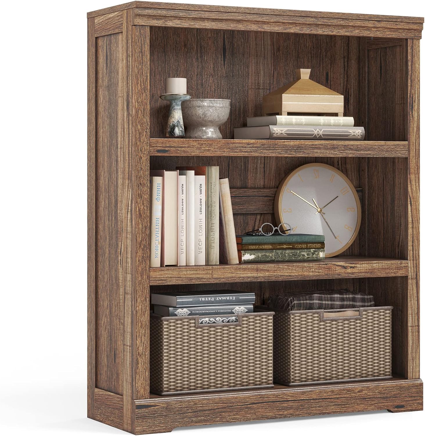 LINSY HOME 3-Tier Bookshelf Display Storage Shelves Farmhouse Bookshelf for Home Office, Living Room, Bed Room - Dark Brown