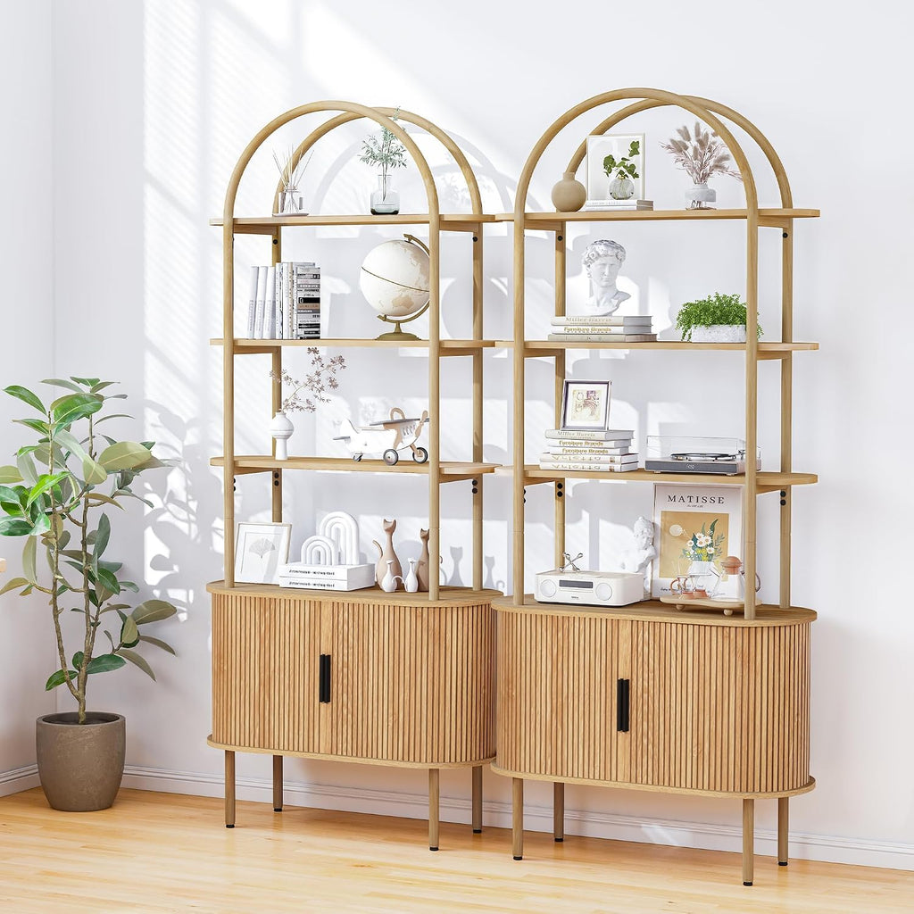 Turtle&Myrtle Tall Arched Bookshelf, Mid Century Modern Fluted Bookcase Cabinet with Sliding Doors, Curved Metal Frame Bookcase, Industrial Storage Display Shelving for Living Room, Bedroom (Natural)