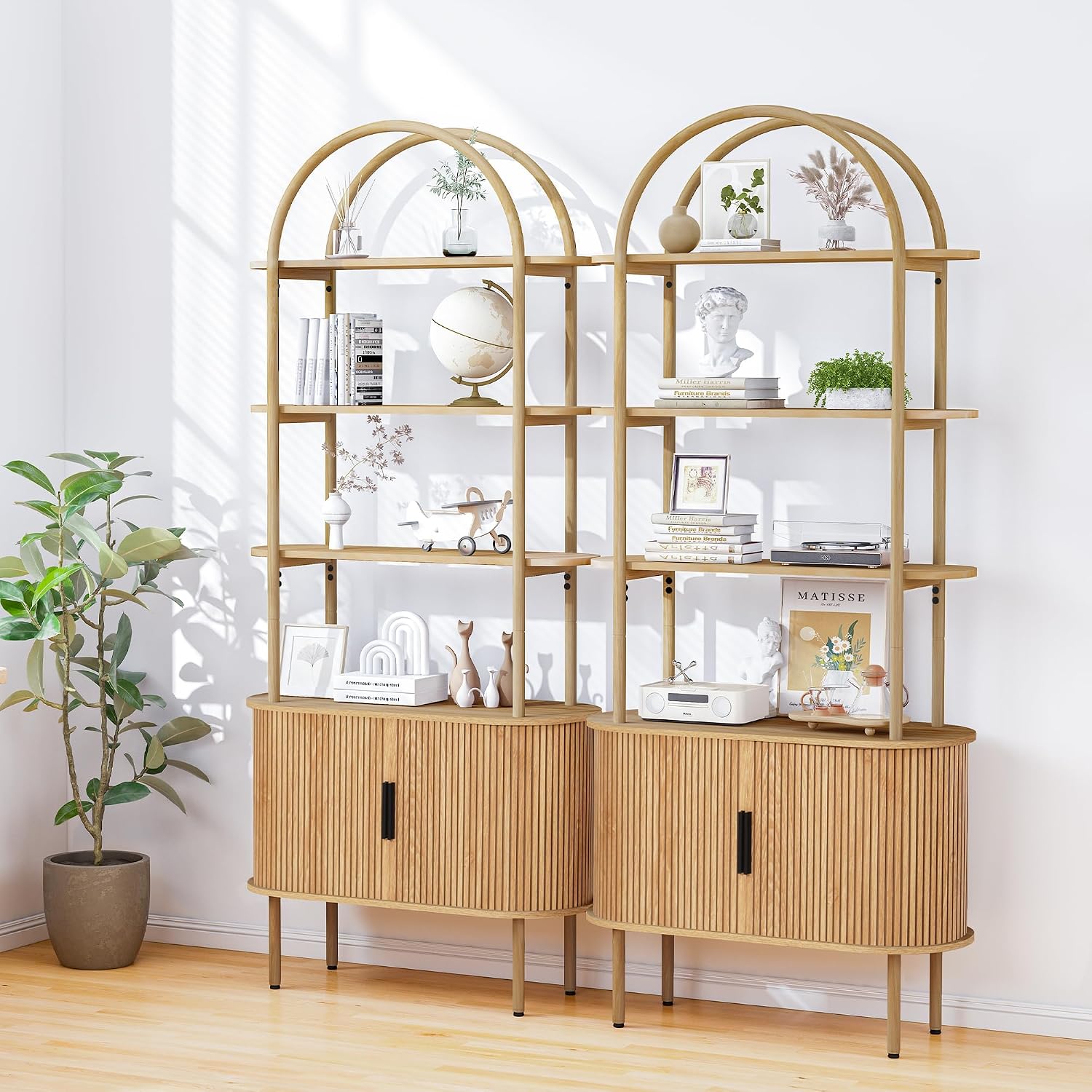 Turtle&Myrtle Tall Arched Bookshelf, Mid Century Modern Fluted Bookcase Cabinet with Sliding Doors, Curved Metal Frame Bookcase, Industrial Storage Display Shelving for Living Room, Bedroom (Natural)