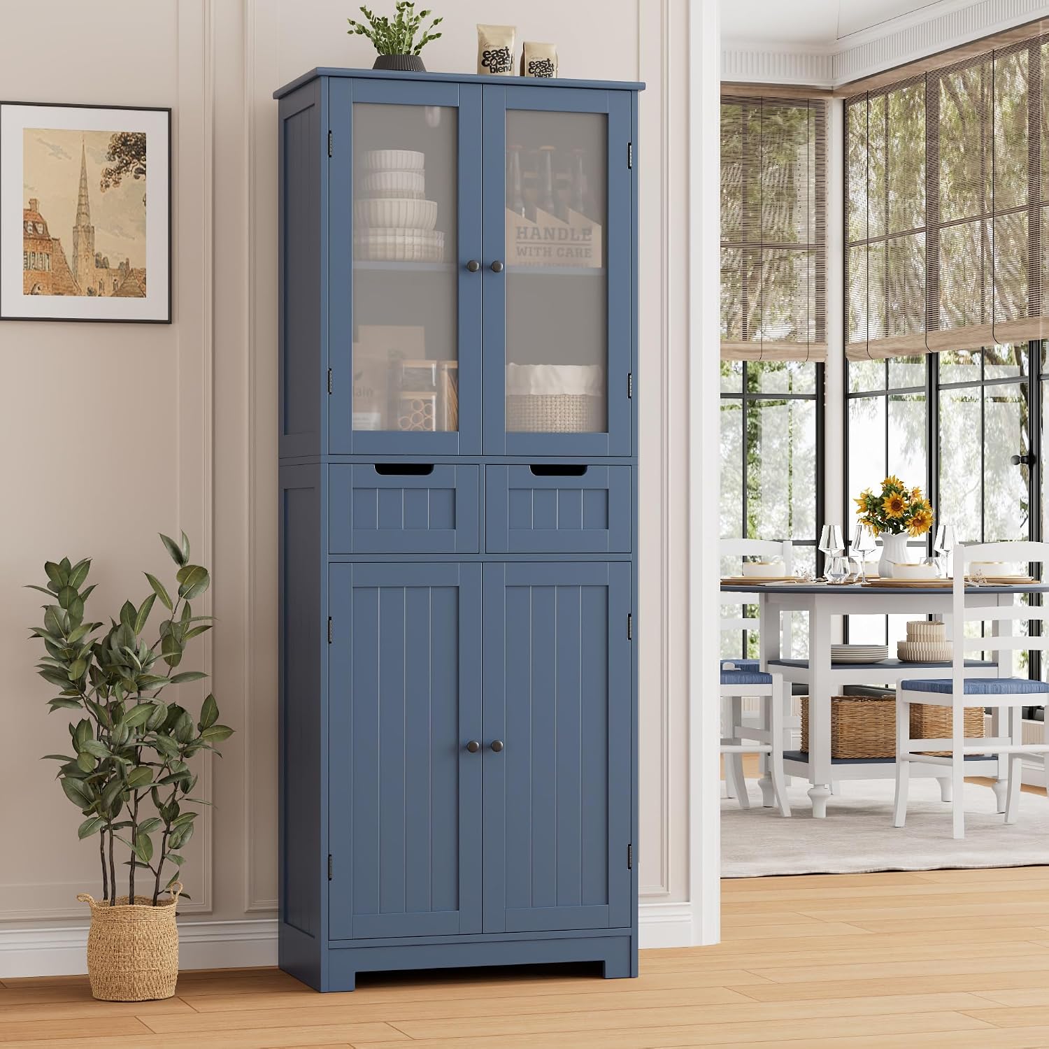 HORSTORS 67' Tall Bathroom Storage Cabinet, Freestanding Storage Cabinet with Glass Door and Shelves, Kitchen Pantry with 2 Drawers for Bathroom, Living Room, Dining Room, Blue