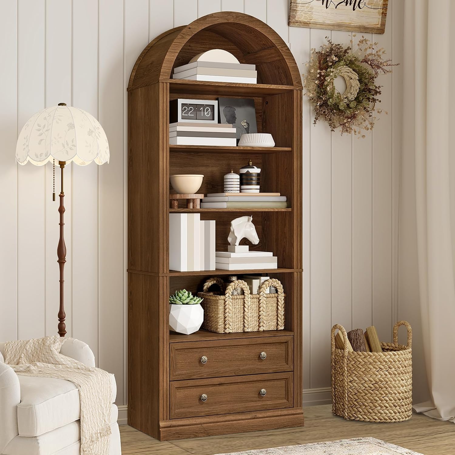 RALGEND Farmhouse Arched Bookshelf Set of 2, 7 Tiers Arch Bookcase with 2 Spacious Drawers, Modern Book Shelf with Open Display Shelves and Storage Cabinet, for Office, Living Room, Kitchen, Walnut