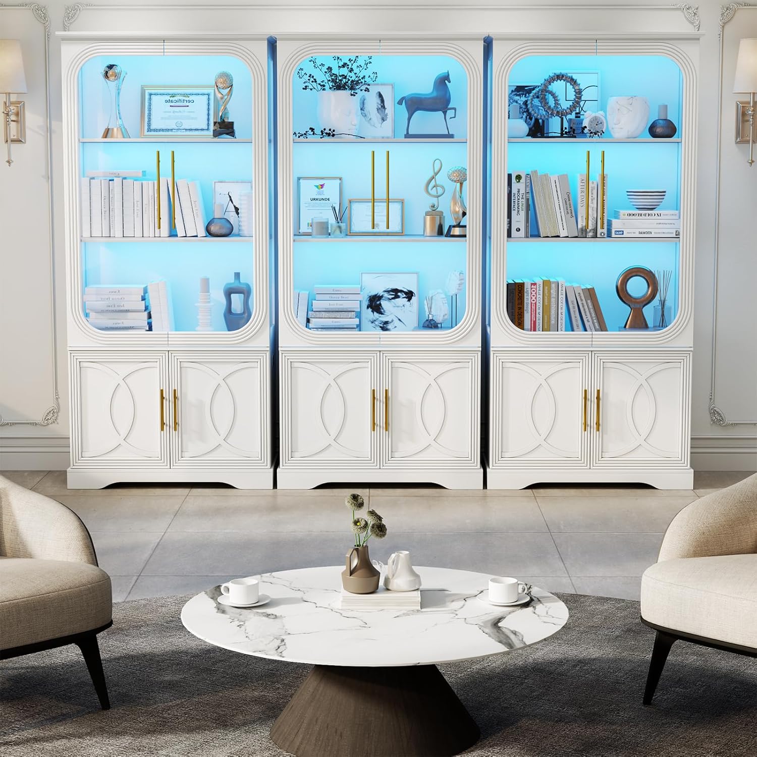 Lareth Display Cabinet with Glass Doors, 69 in Tall Bookcase with LED Lights, Glass Display Case Kitchen Pantry Cabinet, 5 Tier Curio Storage Cabinet for Living Room, Home Office, White