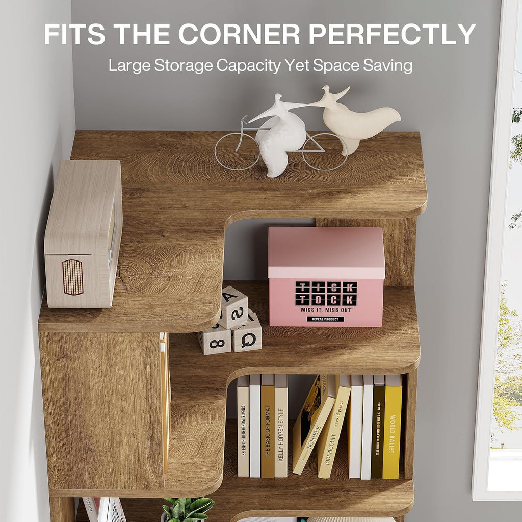 Tribesigns 6 Tier Corner Bookshelf, 64.9 Inches Tall L Shaped Bookcase with Anti-Drop Panel, Freestanding Wood Grain Shelf Display Rack Storage Organizer for Home Office (Light Brown)