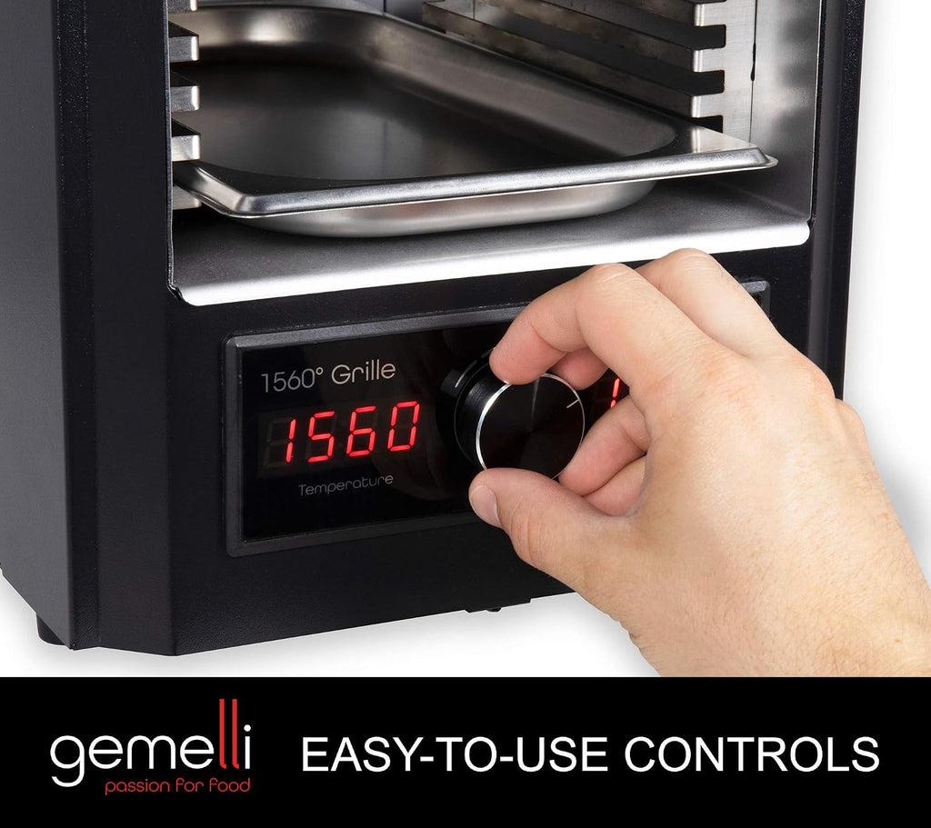 Gemelli Home™ Gourmet Steak Grille (1600 Watt), Steakhouse Quality, Infrared Ceramic Superheating Up to 1560 Degrees, Indoor Electric Infrared Grill and Sear Station, Stainless Steel Accessories