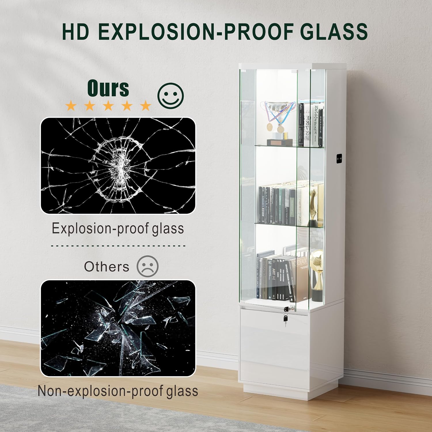 Lvifur Lockable Curio Display Cabinet with Glass Door,65' Lighted Curio Cabinet with 3 Color Lights for Collectibles,3-Tier Glass Display Case with Human Body Sensor for Living Room,White