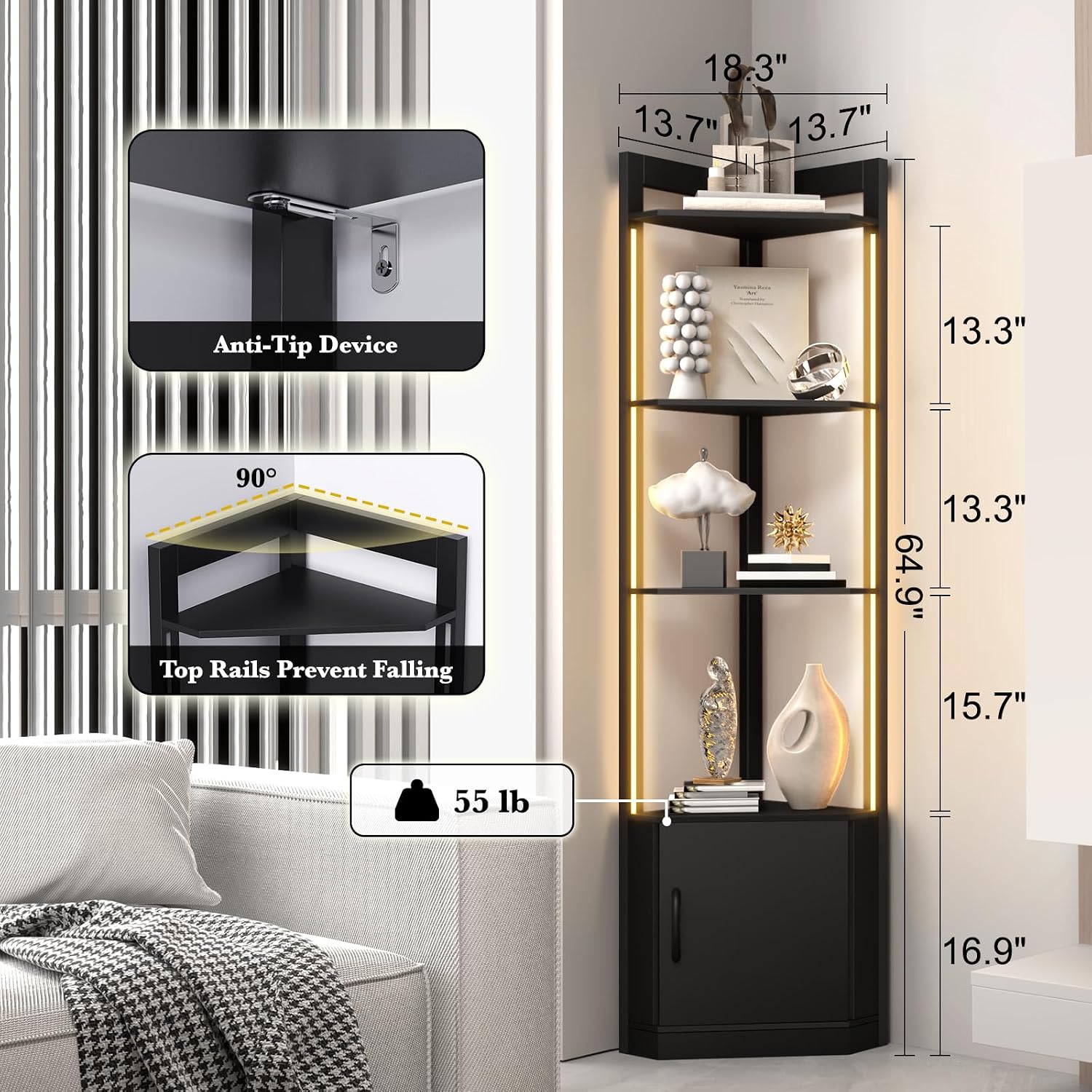 5-Tier Display Cabinet, Set of 2, 65' Tall Corner Shelf Stand with Storage, RGBWIC LED Light, Remote & APP Control, Adjustable Brightness/Color Temp, Floor Lamp Shelves for Living Room