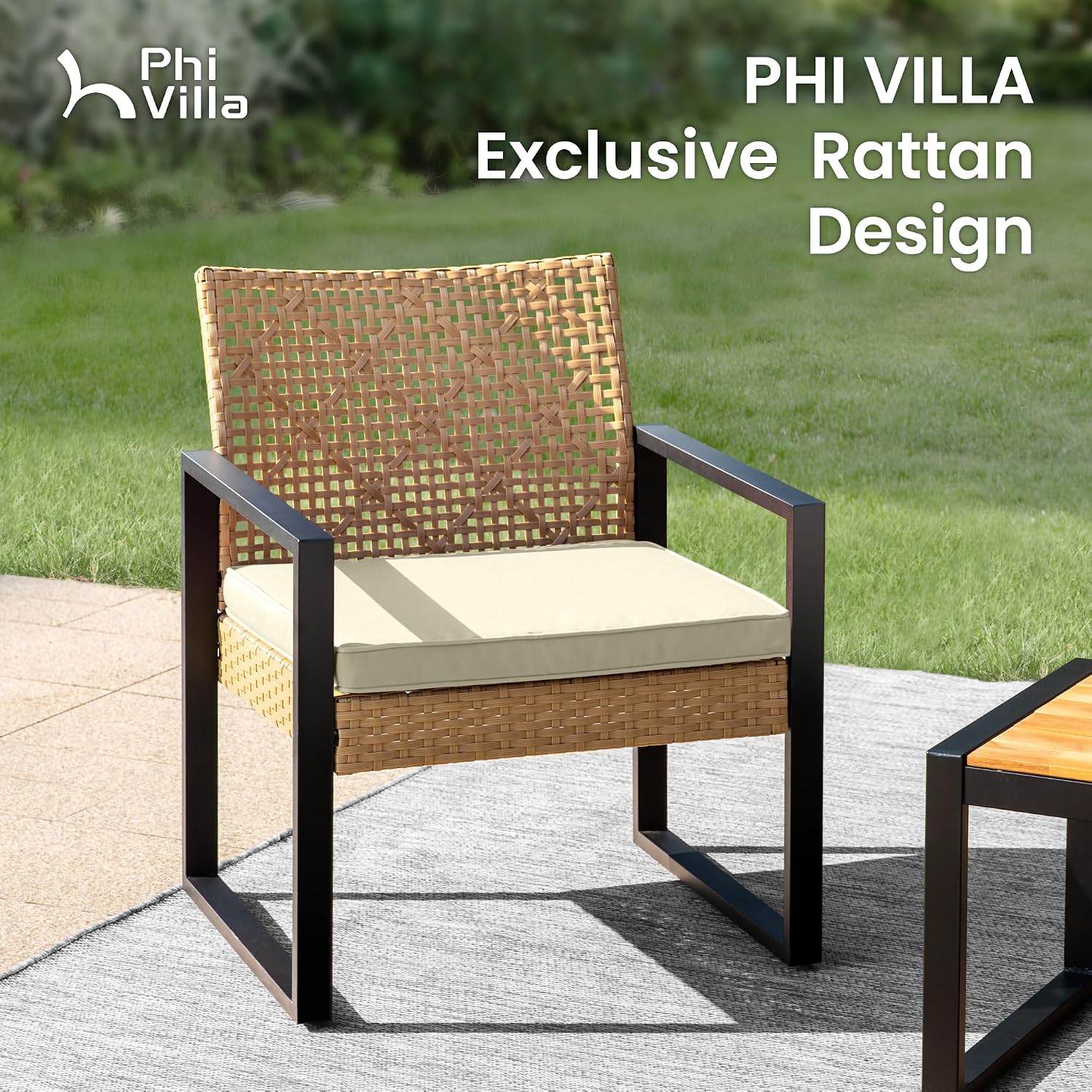 PHI VILLA Wicker Patio Furniture Set for 4, Rattan Small Patio Loveseat and Chairs with Acacia Wood Coffee Table, Outdoor Conversation Set with Cushion, Front Porch Furniture for Deck, Yard, Garden