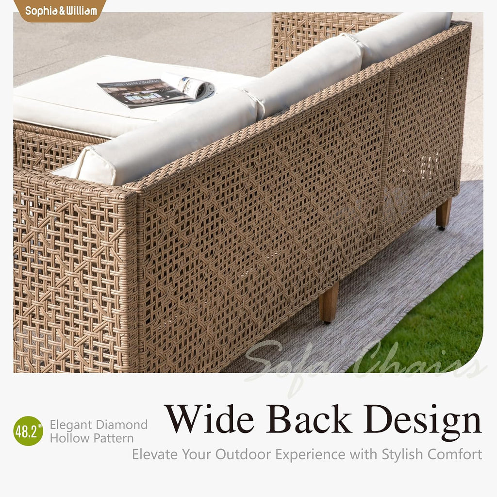 Sophia & William Boho Rattan Patio Sectional Set with Thick Cushions & Coffee Table – Balcony, Backyard & Poolside Outdoor Furniture (Beige)