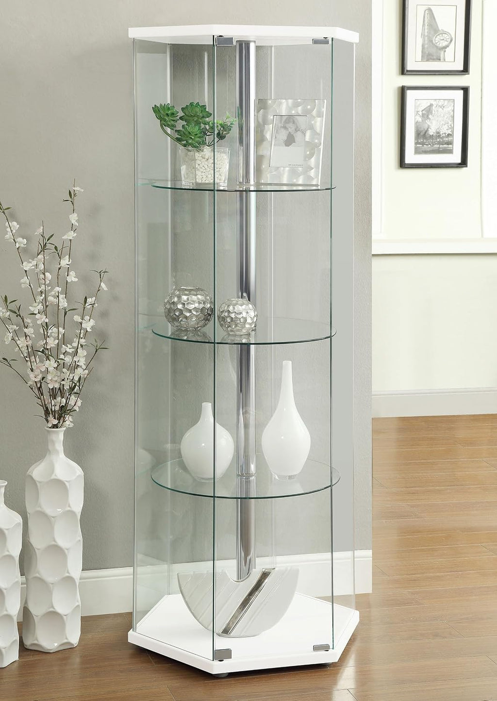 Coaster Home Furnishings - Zahavah - 4-Shelf Glass Curio Cabinet with Hexagonal Shape, Clear Door, Tempered Glass Shelves, and Push-to-Open Door - Living Room - White - 950001