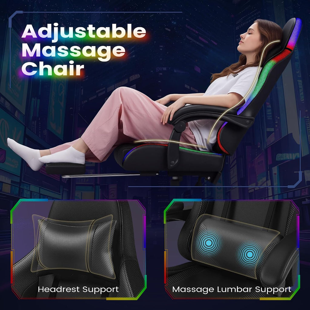 Homall Gaming Chair, Video Game Chair with Footrest and Massage Lumbar Support, Ergonomic Computer Chair Height Adjustable with Swivel Seat and Headrest (RGB Dark Black)