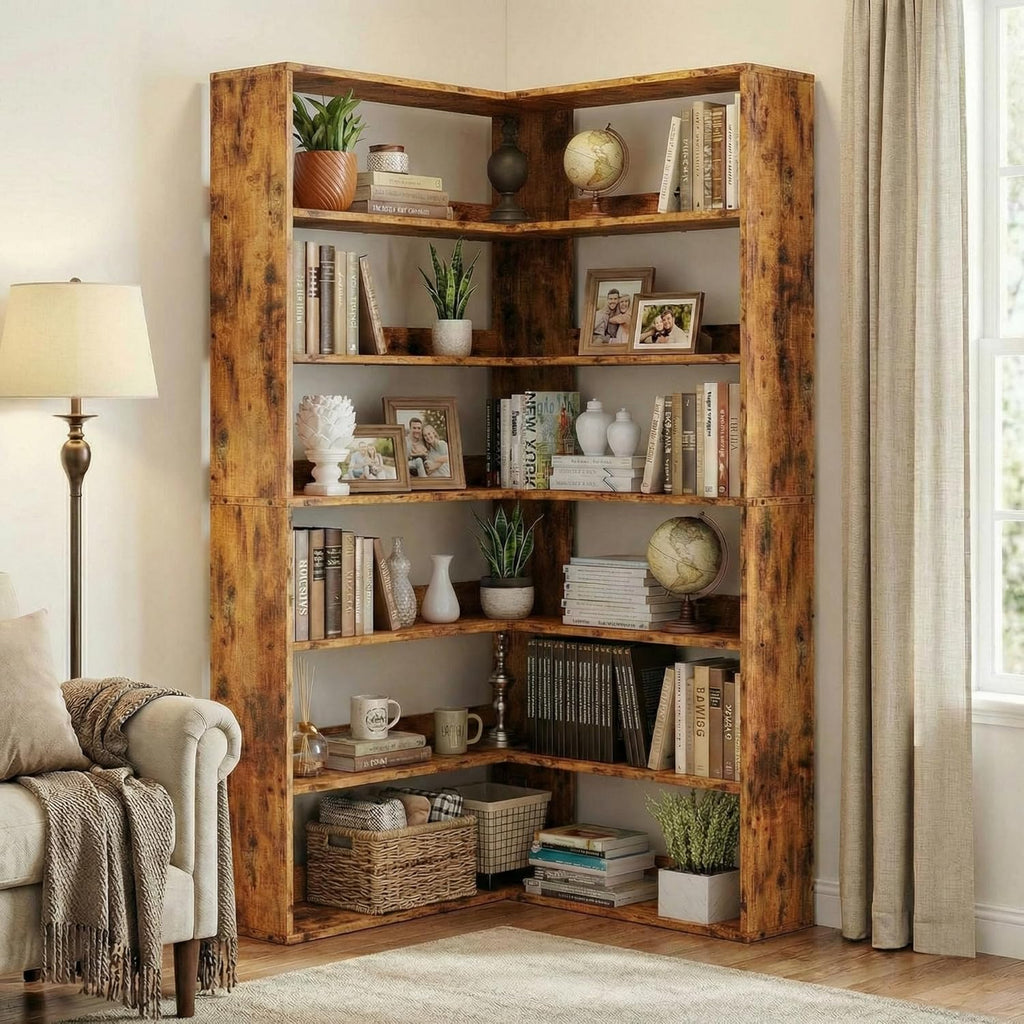 IRONCK Corner Bookshelf 6-Tier L-Shaped Industrial Corner Bookcase with Side Baffles, Large Storage Display Shelf for Living Room, Home Office