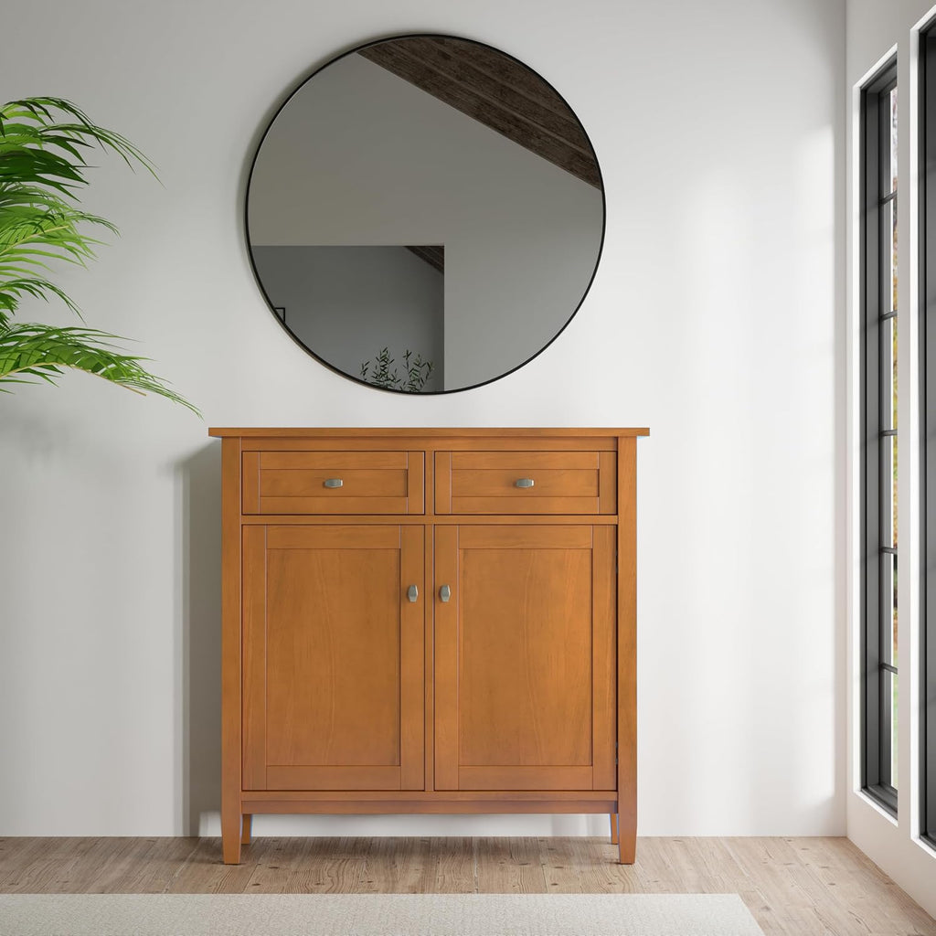 SIMPLIHOME Warm Shaker Storage Cabinet - 36 inch Wide Solid Wood 2-Shelf Entryway Storage Cabinet in Light Golden Brown, Transitional Accent Cabinet for Entryway with Drawers and Adjustable Shelves