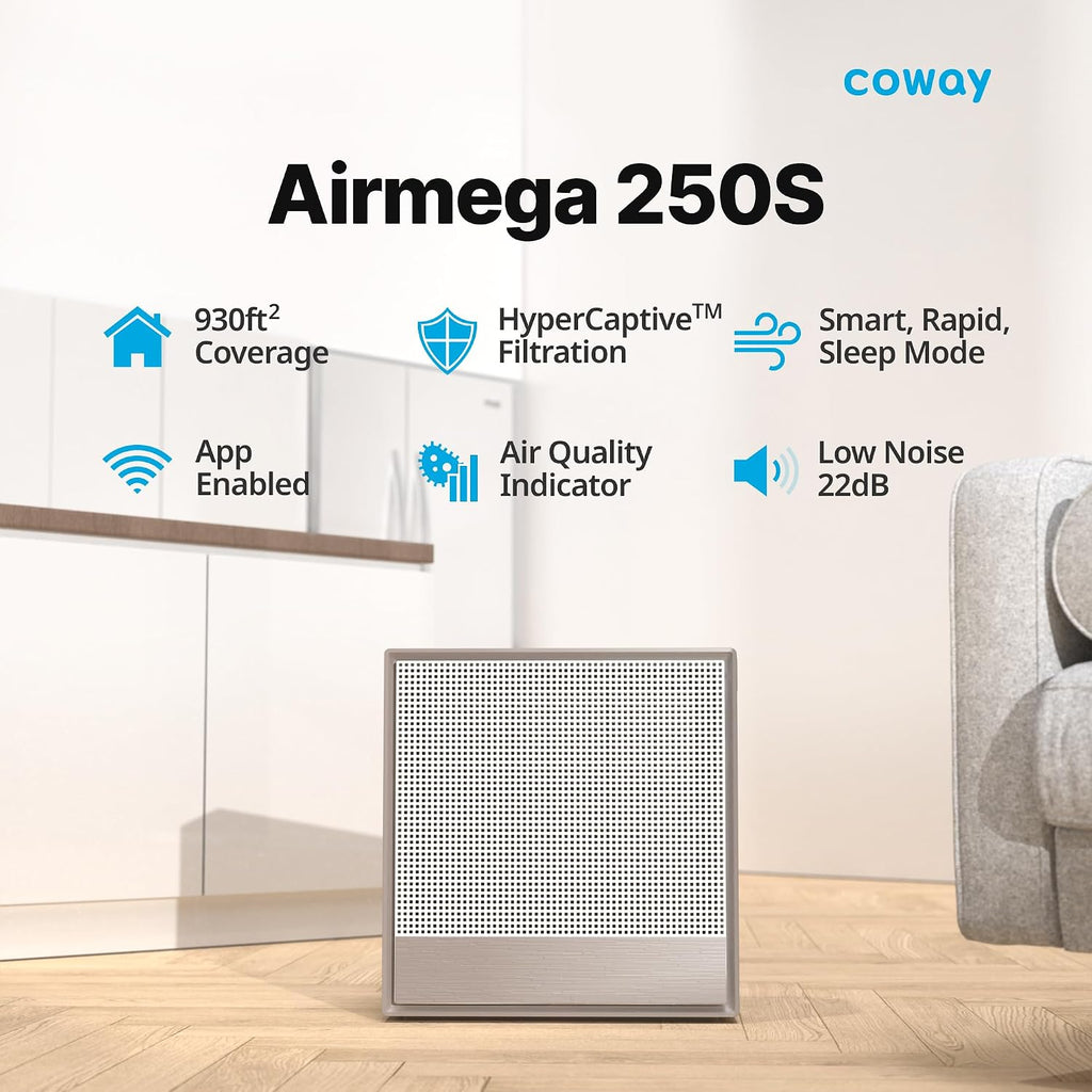 COWAY Air Purifiers for Home Large Room Up to 1,860 ft², Washable Pre-Filter and HEPA Filter for Smoke, Allergies, Pet Dander, Odor, AQI, App Control, Smart, 3yr Warranty, Airmega 250S Wifi