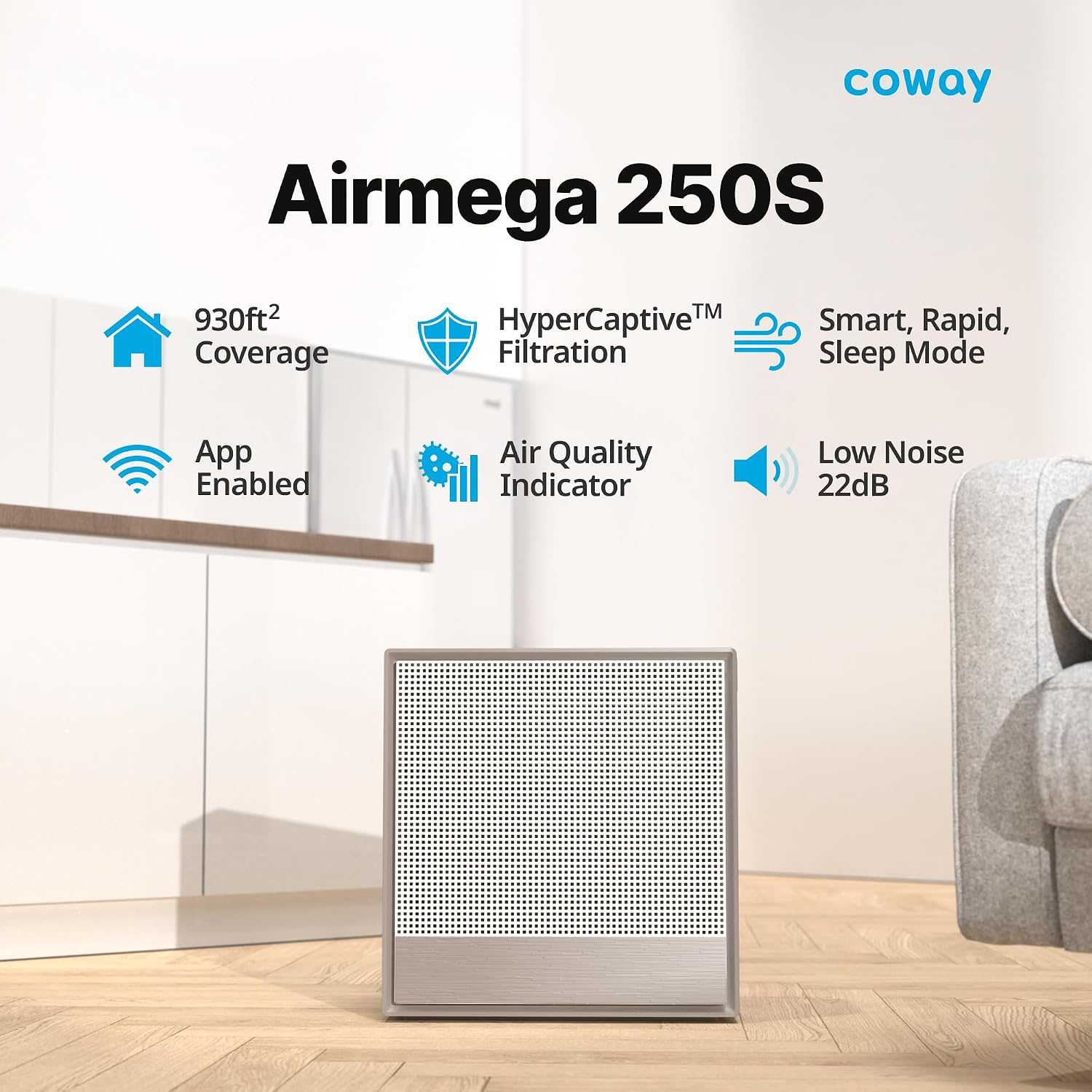 COWAY Air Purifiers for Home Large Room Up to 1,860 ft², Washable Pre-Filter and HEPA Filter for Smoke, Allergies, Pet Dander, Odor, AQI, App Control, Smart, 3yr Warranty, Airmega 250S Wifi